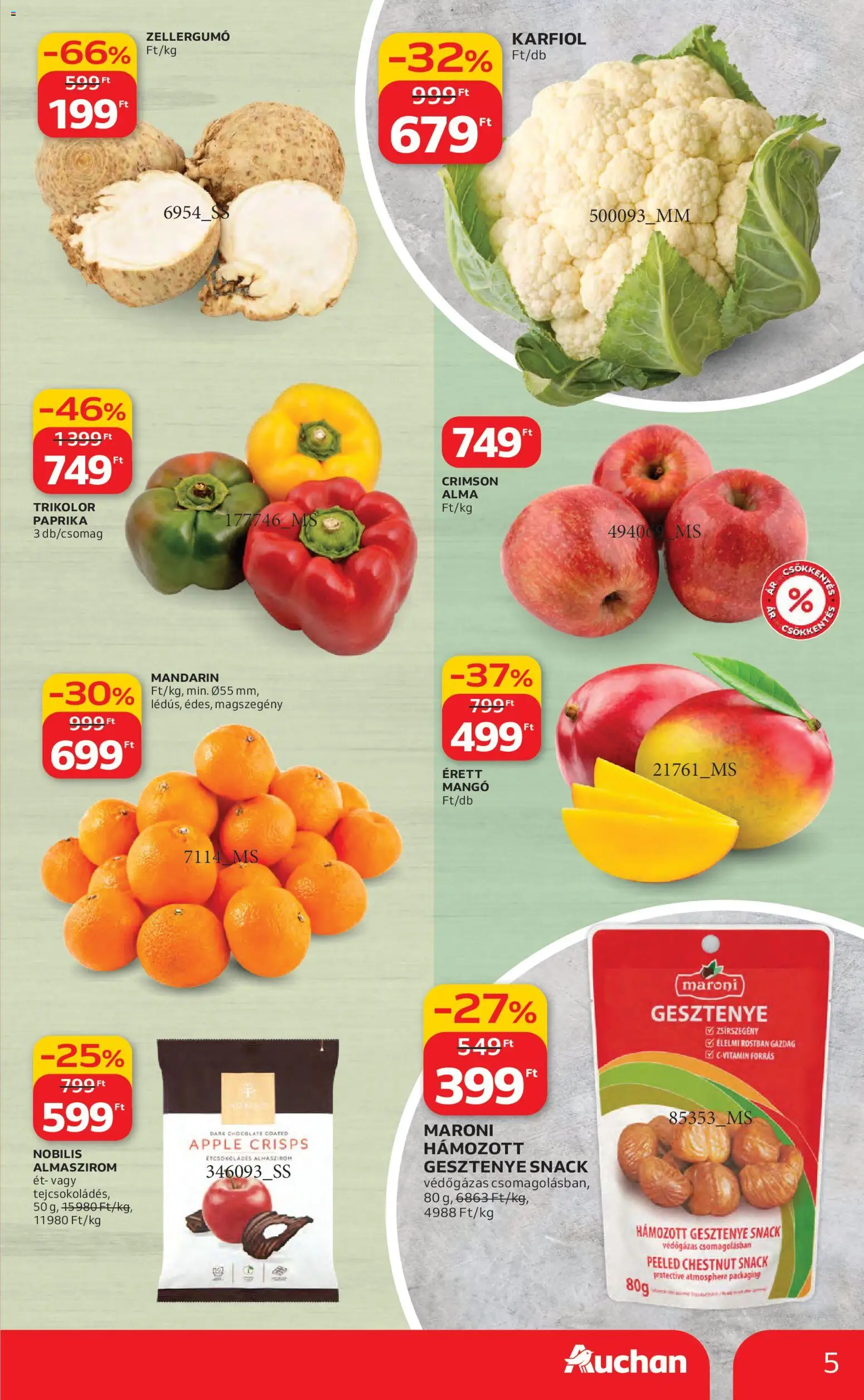 Auchan akciós ujság - amely érvényes a következő dátumtól: 19.03.2026 | Oldal: 5 | Termékek: Karfiol, Alma, Mandarin, Mangó