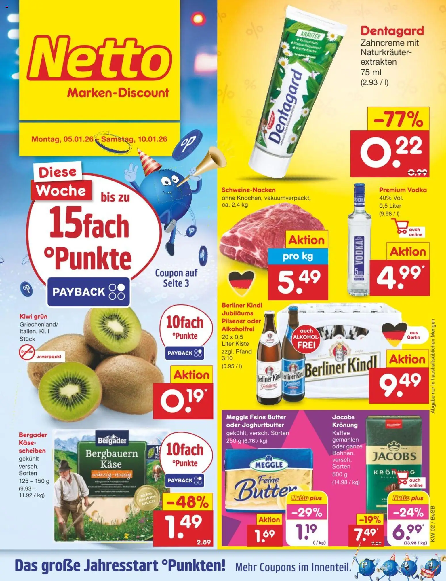 Netto Marken-Discount Prospekt 	 – gültig ab 05.01.2026 | Seite: 1 | Produkte: Milch, Käse, Schweinenacken, Kiwi