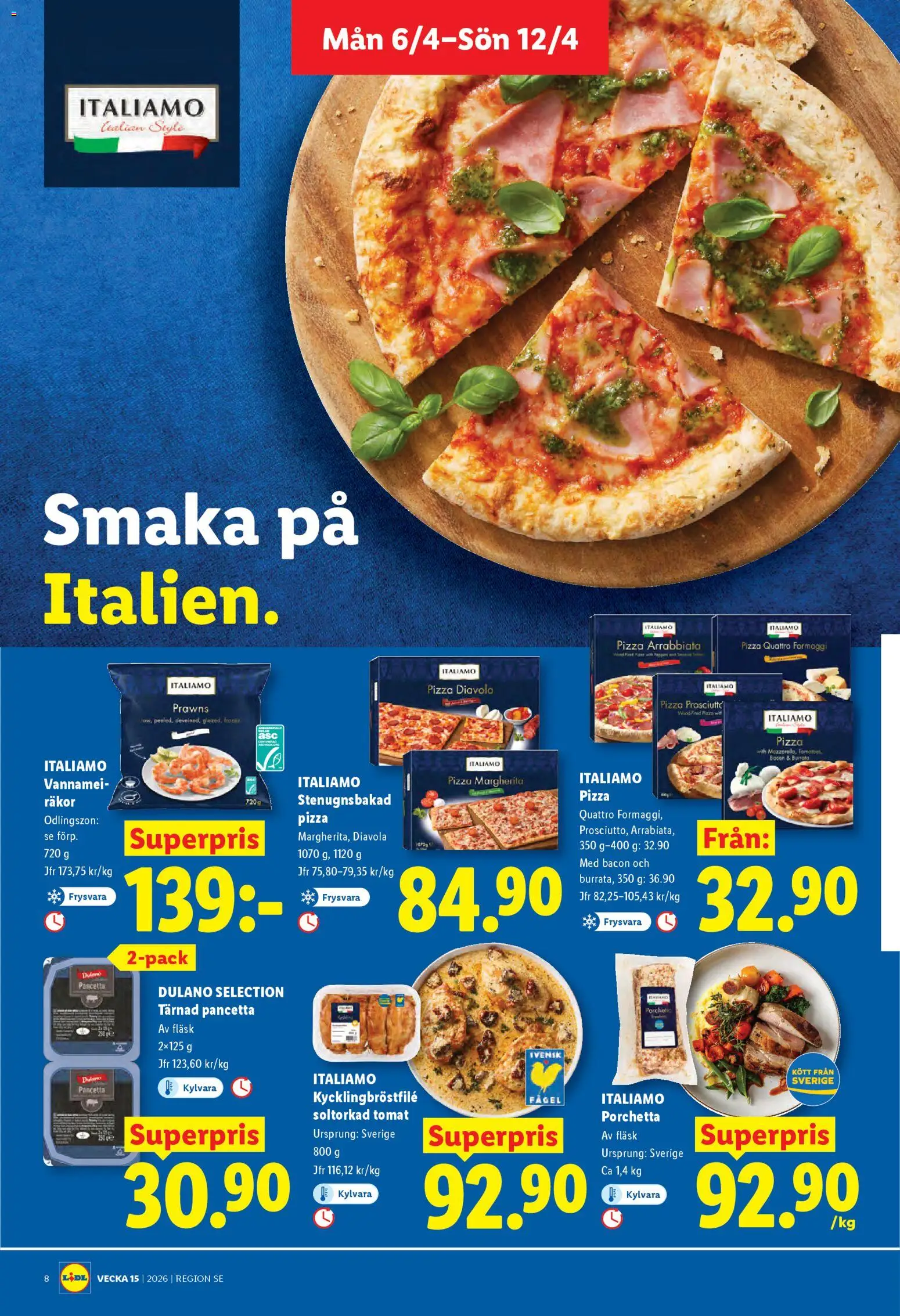 Lidl reklamblad aktuell från 06.04.2026 | Sida: 8 | Produkter: Bacon, Burrata, Räkor, Fläsk