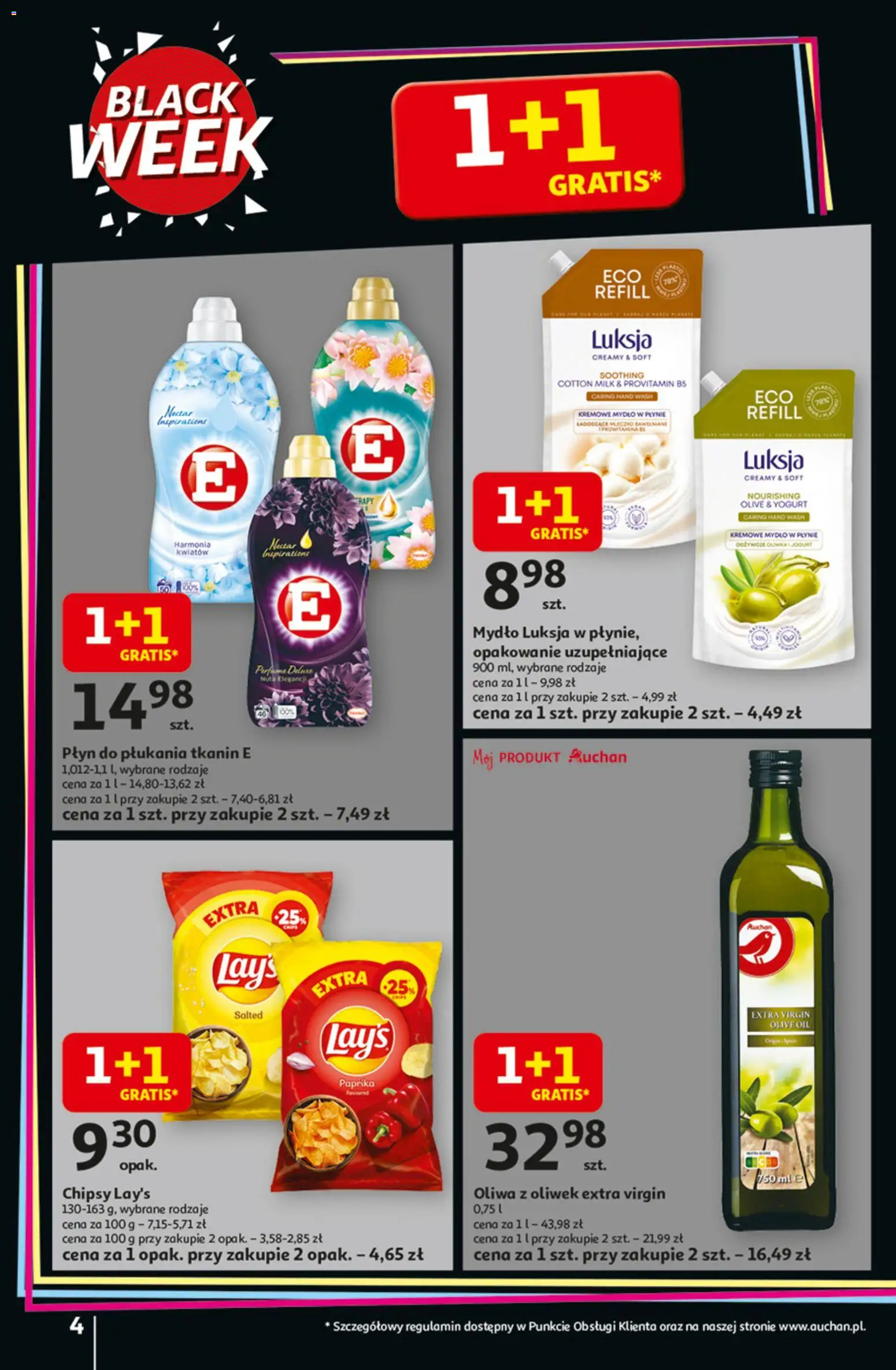 Auchan Black Friday od 20.11.2025 | Strona: 4 | Produkty: Kremowe mydło w płynie, Mydło w płynie, Oliwa z oliwek extra virgin, Jogurt