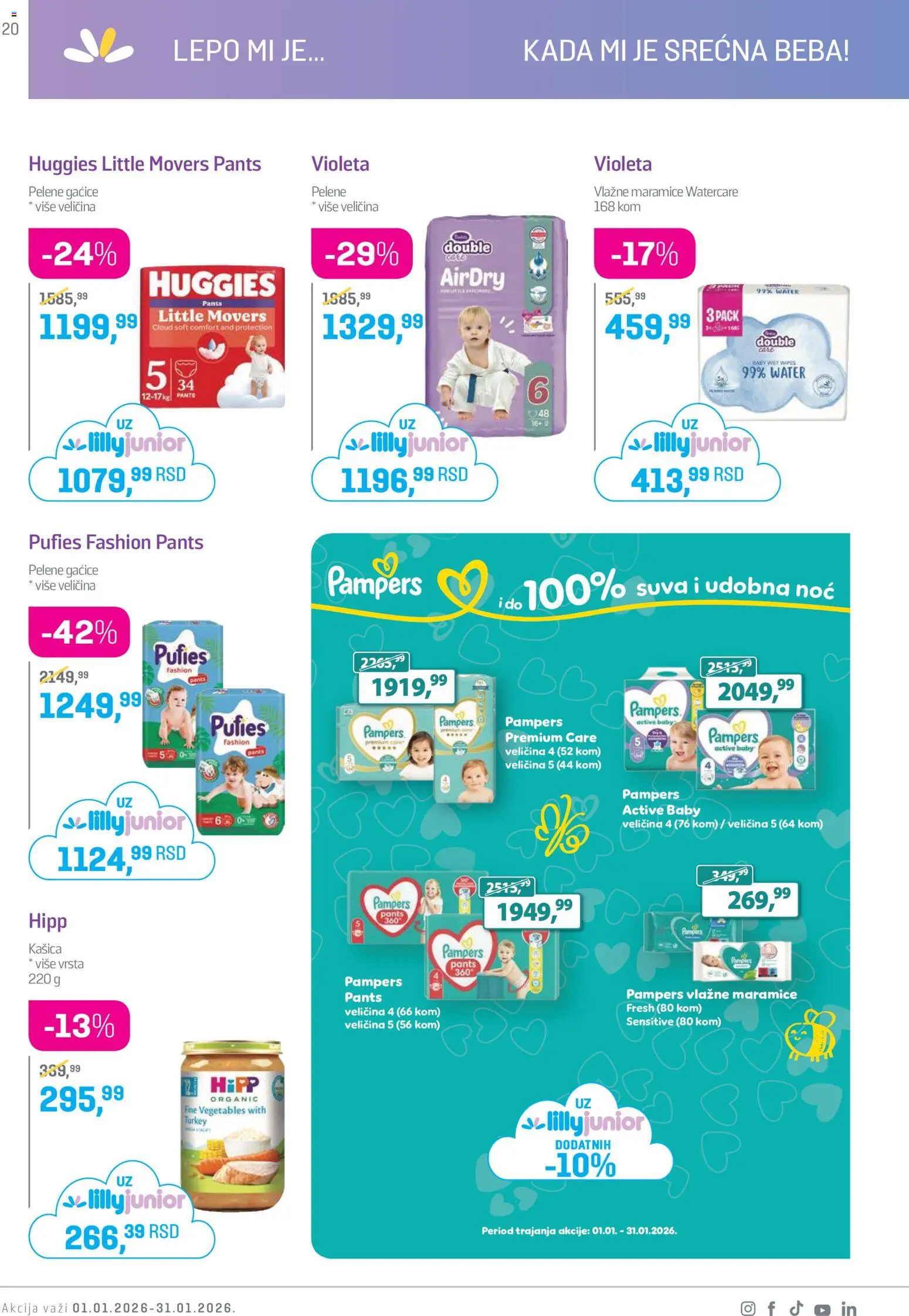 Lilly drogerie katalog - važi od 01.01.2026 | Strana: 20 | Proizvode: Pampers, Gaćice, Vlažne maramice, Pelene