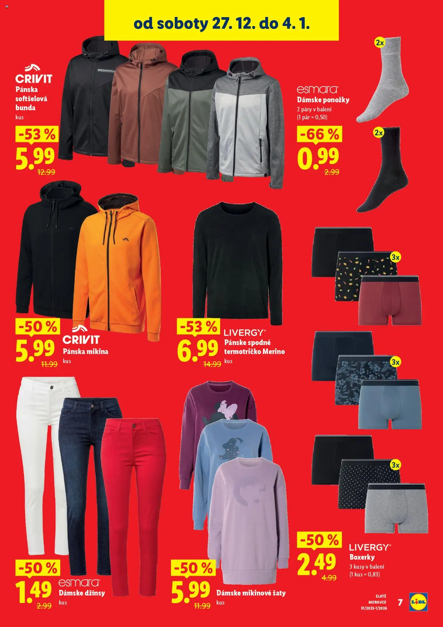 Nové Lidl akcie – leták je platný od 27.12.2025 | Strana: 7 | Produkty: Šaty, Mikina, Ponožky, Boxerky