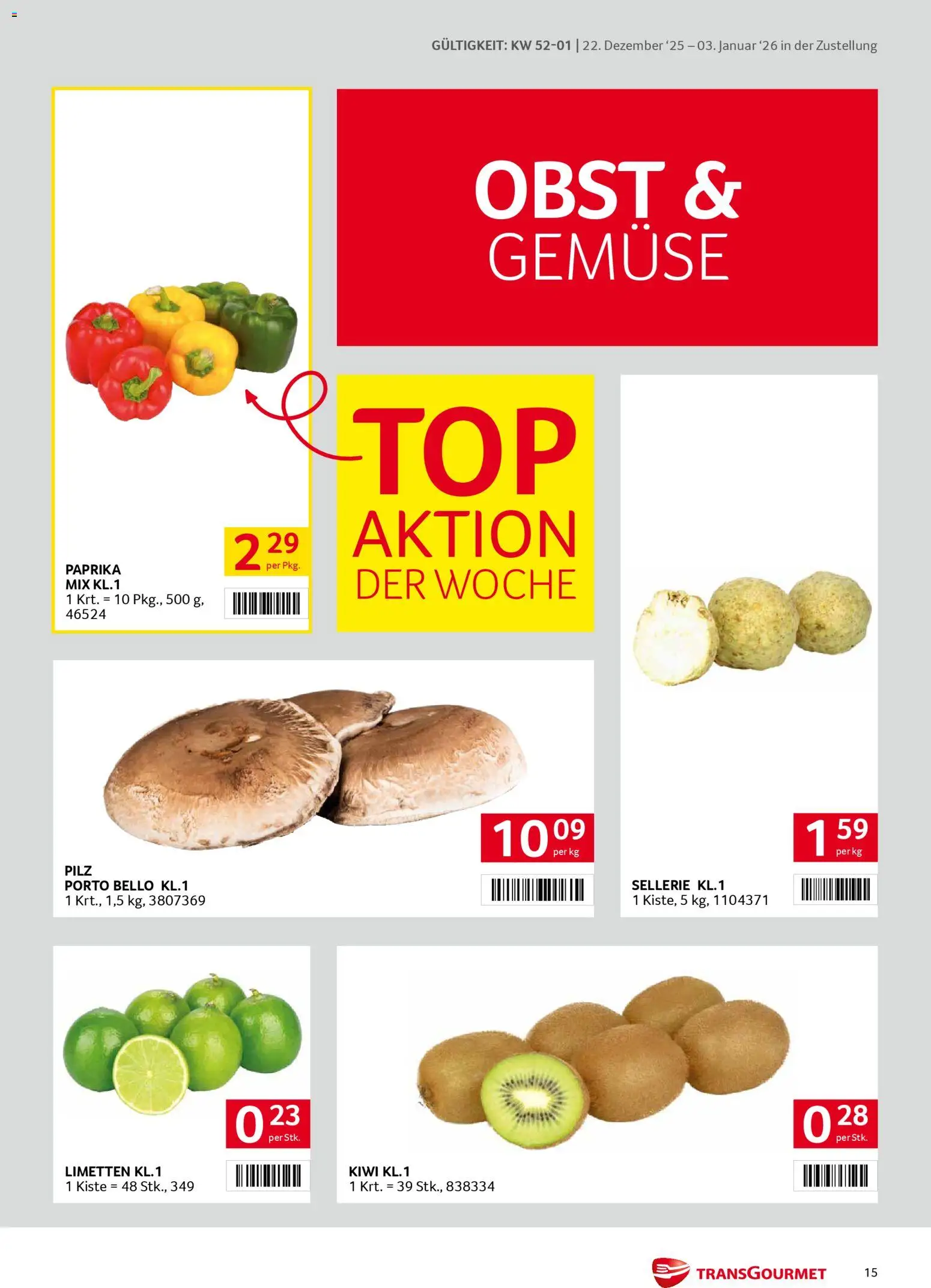 Transgourmet Zustellaktion gültig ab 22.12.2025 | Seite: 15 | Produkte: Kiwi, Gemüse, Obst