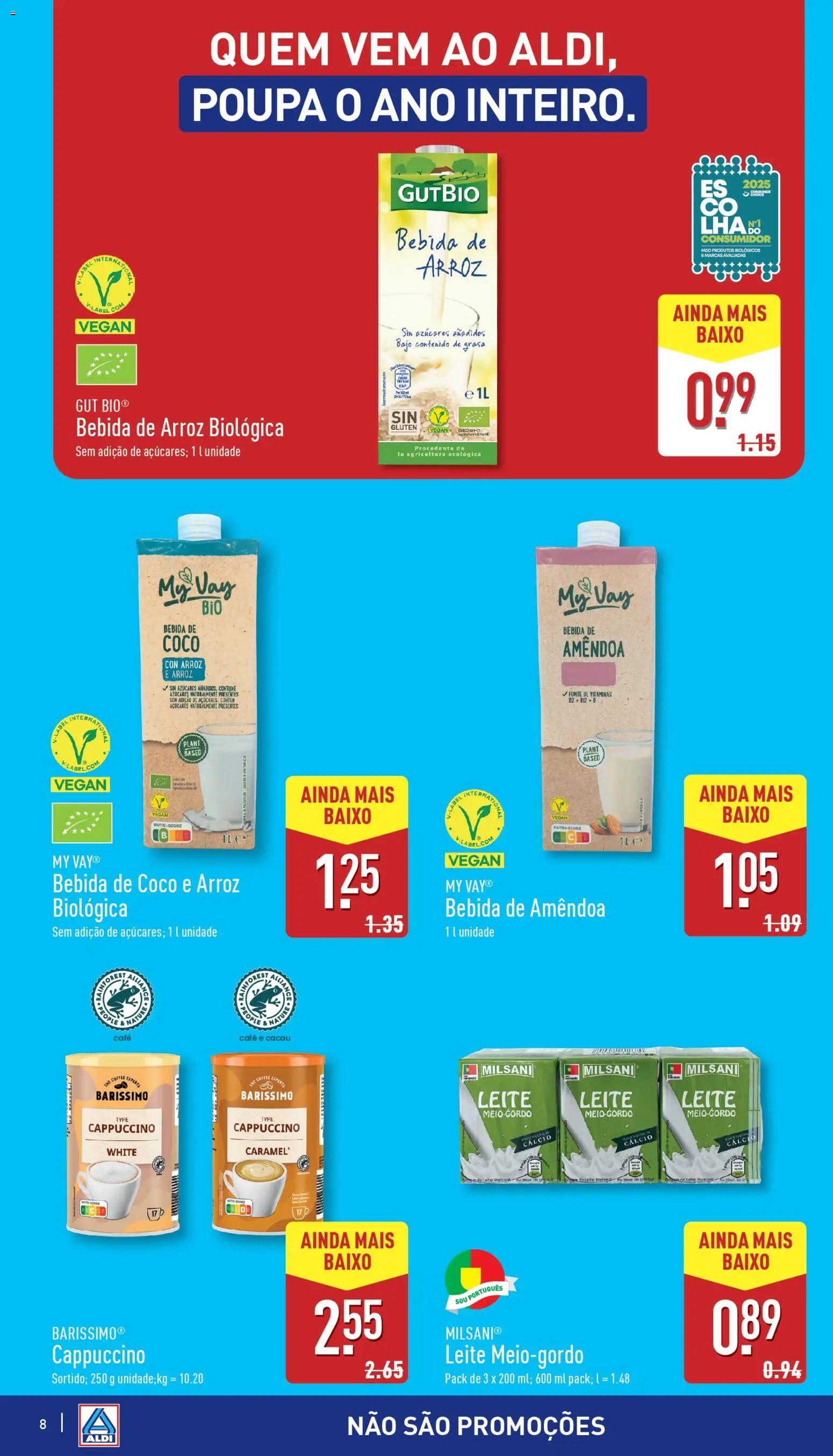 Aldi folheto │ válido de 22.10.2025 | Página: 8 | Produtos: Leite, Café, Arroz, Bebida