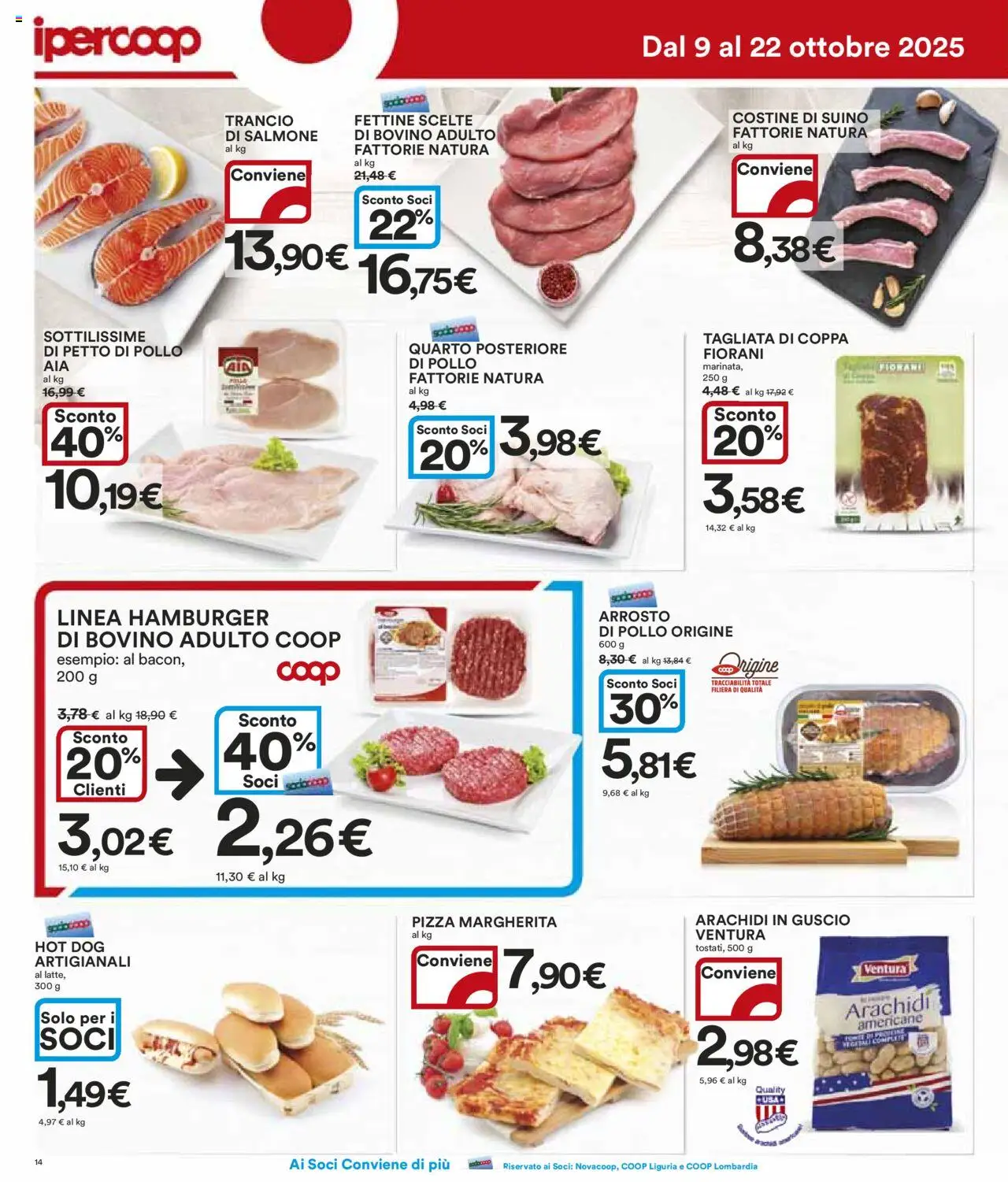 Volantino Ipercoop del 09.10.2025 | Pagina: 14 | Prodotti: Petto di Pollo, Salmone, Arachidi, Hamburger