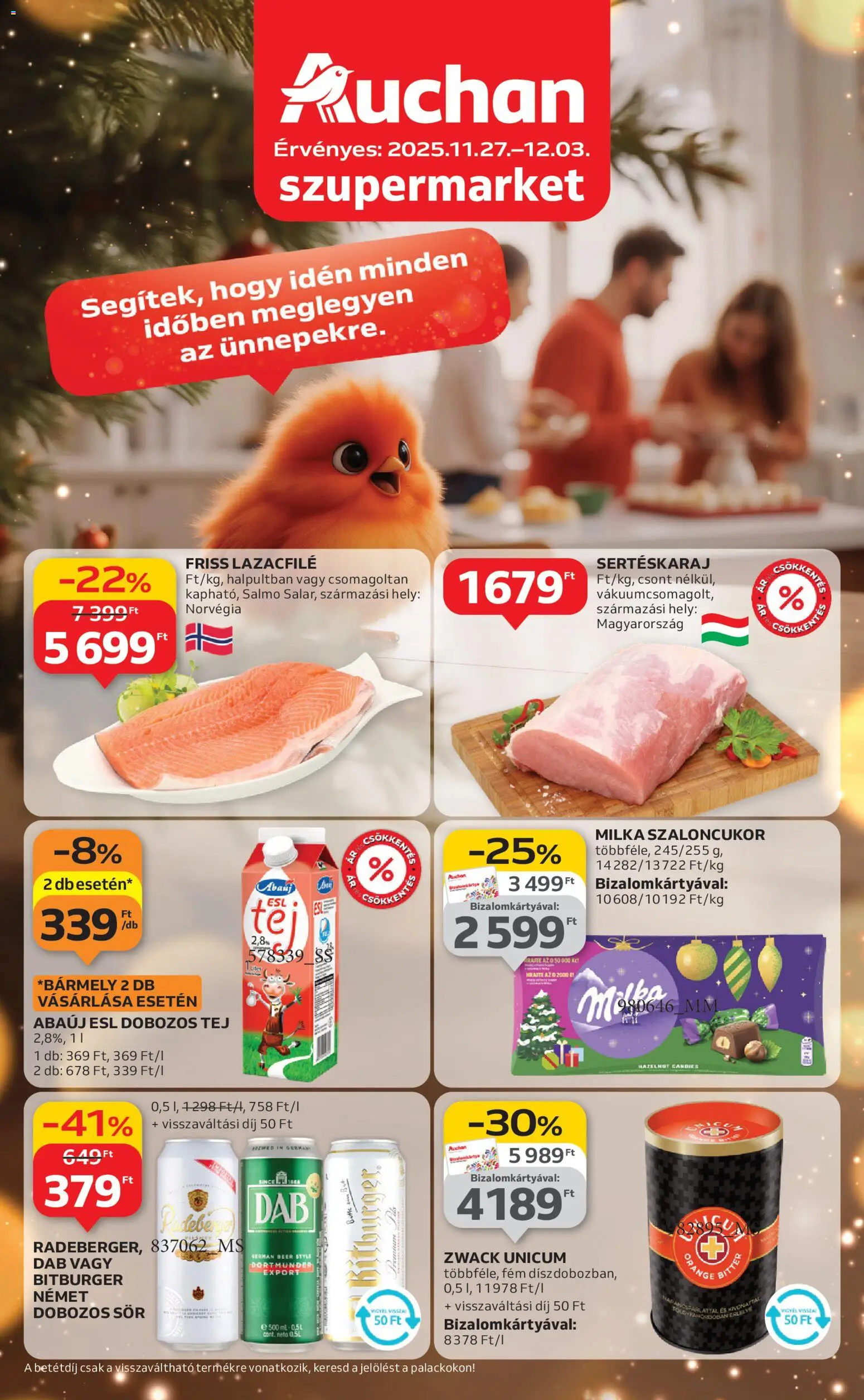 Auchan akciós ujság - amely érvényes a következő dátumtól: 27.11.2025 | Oldal: 1 | Termékek: Sertéskaraj, Tej, Sör, Narancs