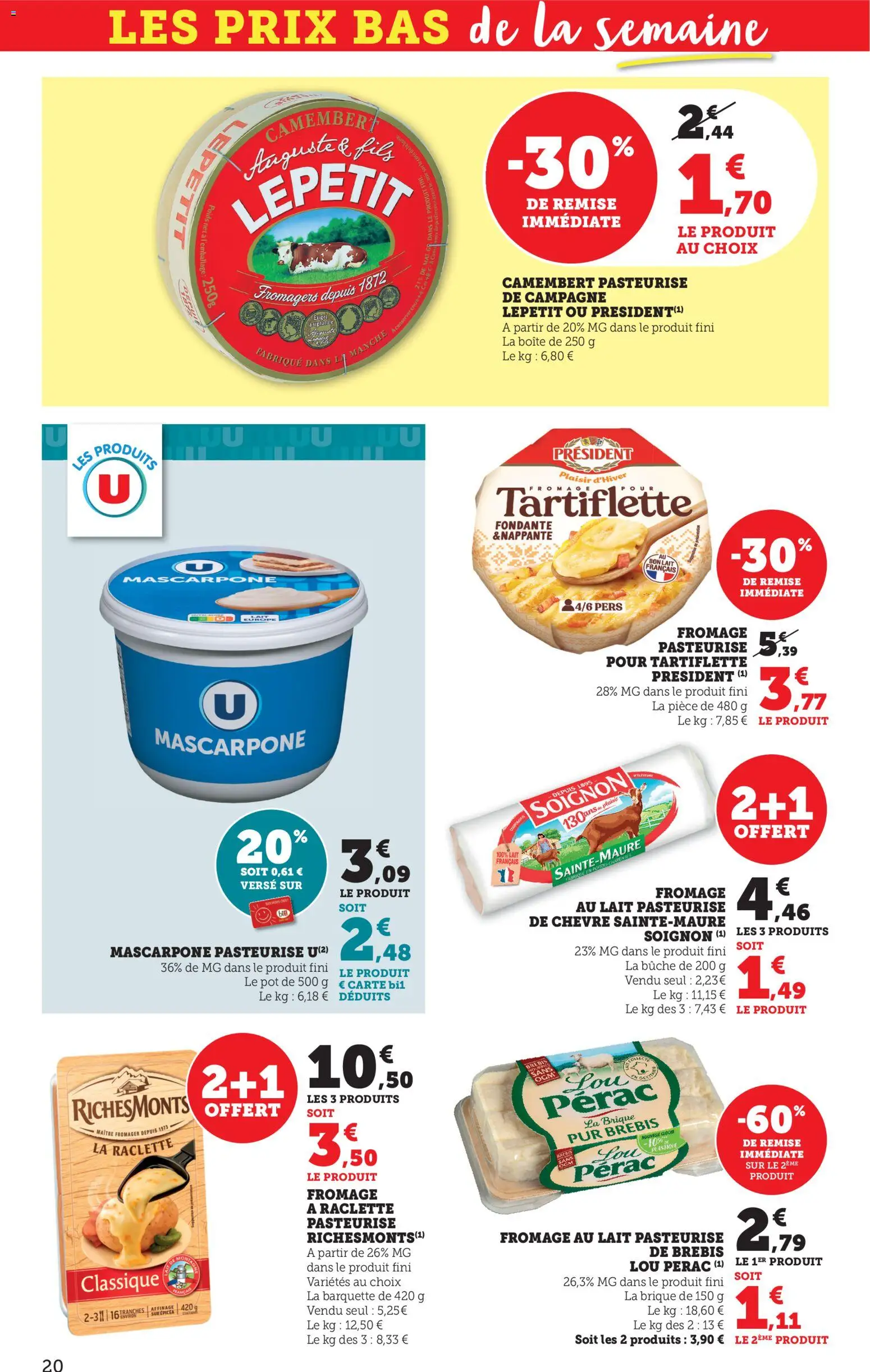 {H1} | Page: 20 | Produits: Fromage à raclette, Poids, Tartiflette, Mascarpone