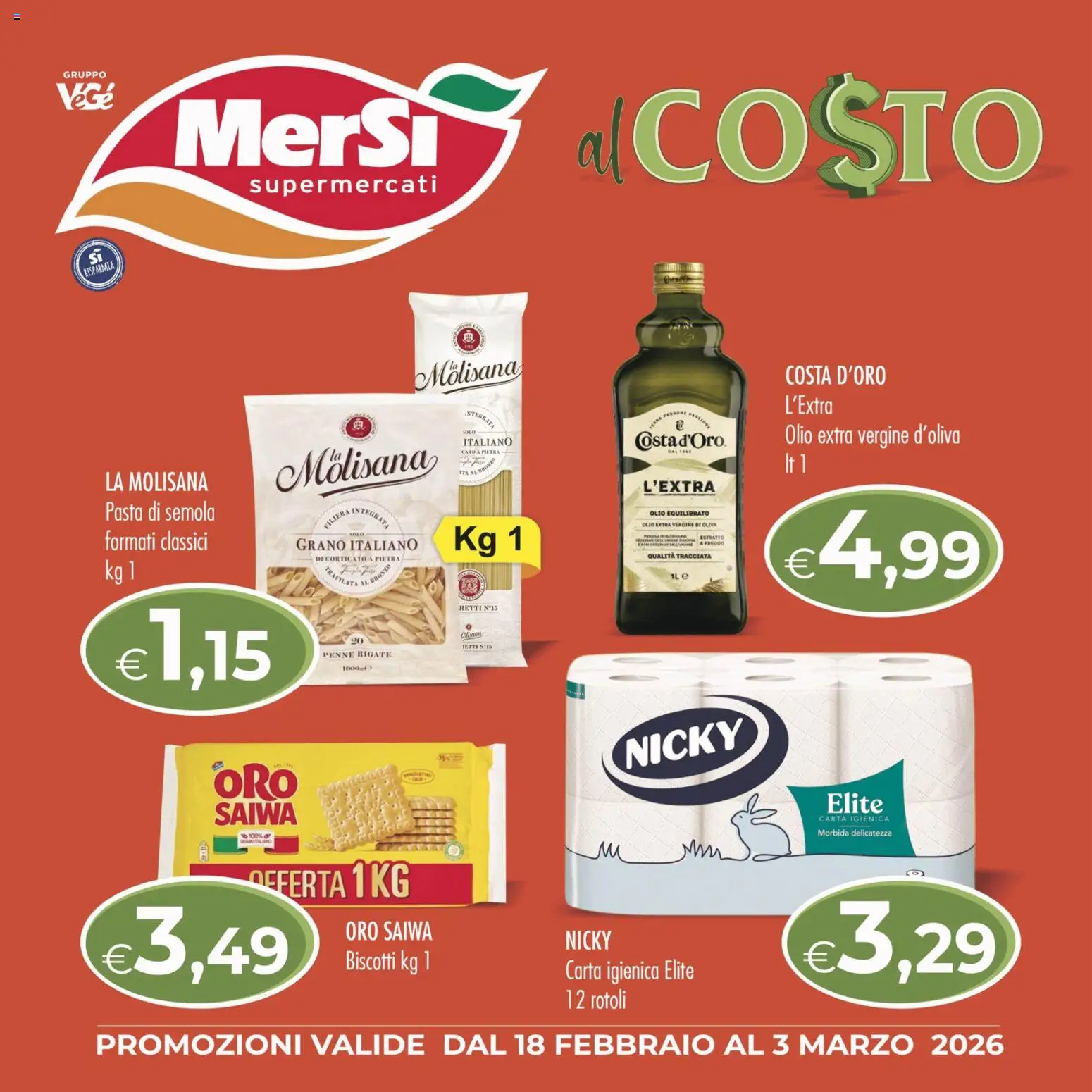 Volantino MerSi Supermercati del 18.02.2026 | Pagina: 1 | Prodotti: Carta igienica, Olio, Olio extra vergine, Penne