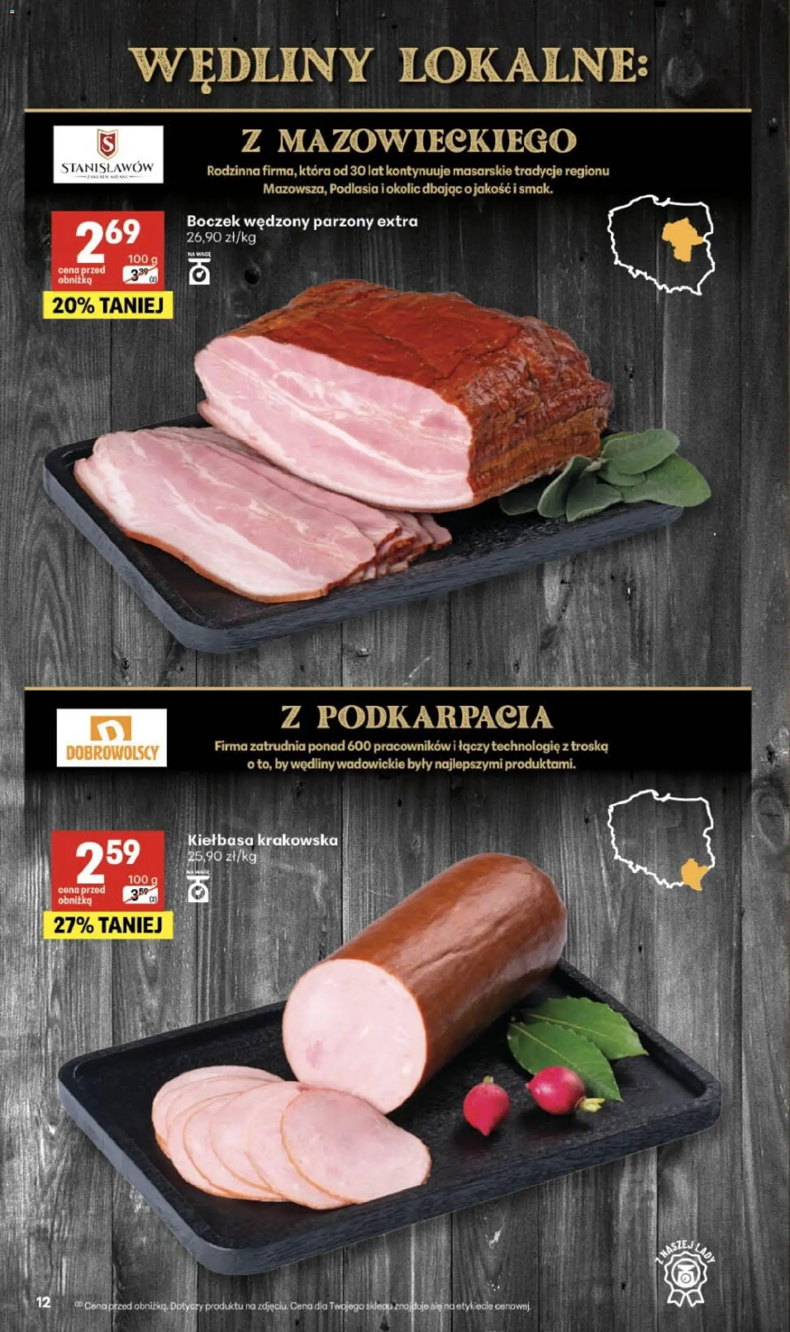 Delikatesy Centrum gazetka - Sklepy Własne od 05.03.2026 | Strona: 12 | Produkty: Kiełbasa, Boczek wędzony parzony, Boczek wędzony, Kiełbasa krakowska