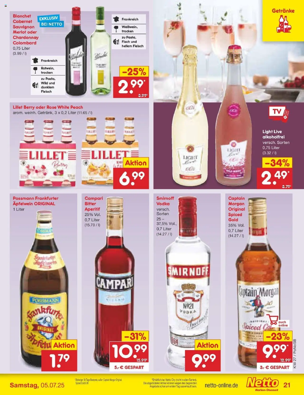 Netto Marken-Discount prospekt Amberg	 - gültig ab dem 29.06.2025 | Seite: 25 | Produkte: Lillet, Smirnoff, Captain morgan, Fleisch