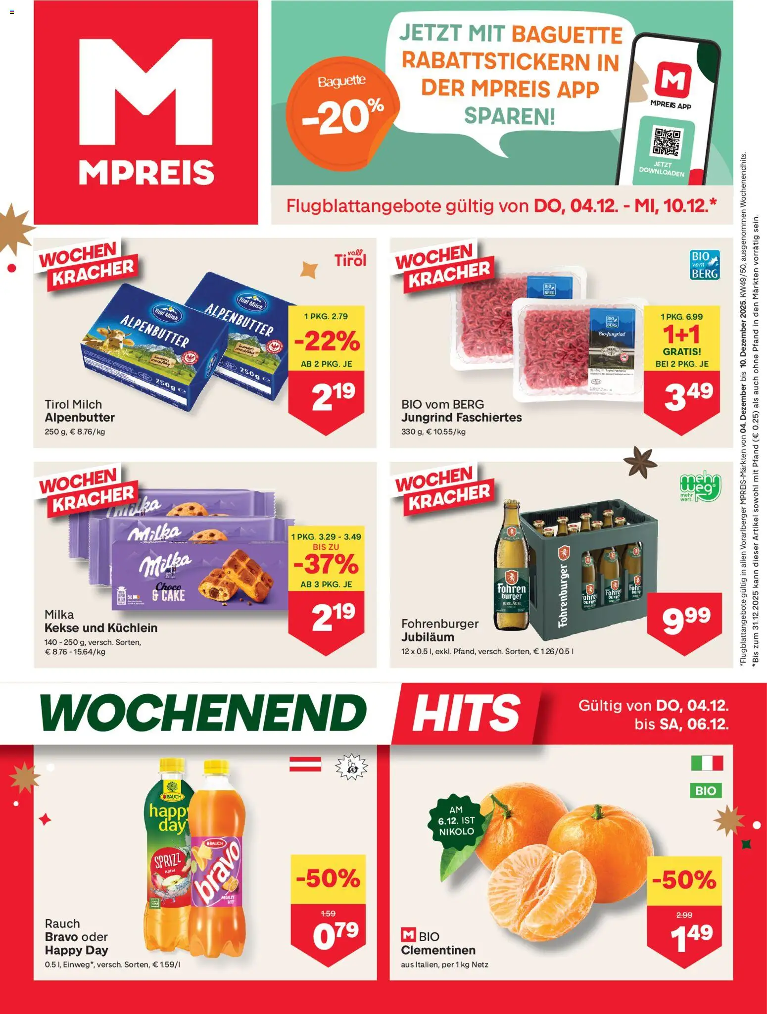 MPREIS Hohenems gültig ab 04.12.2025 | Seite: 1 | Produkte: Kekse, Jääkaappipakastin, Milch, Äpfel