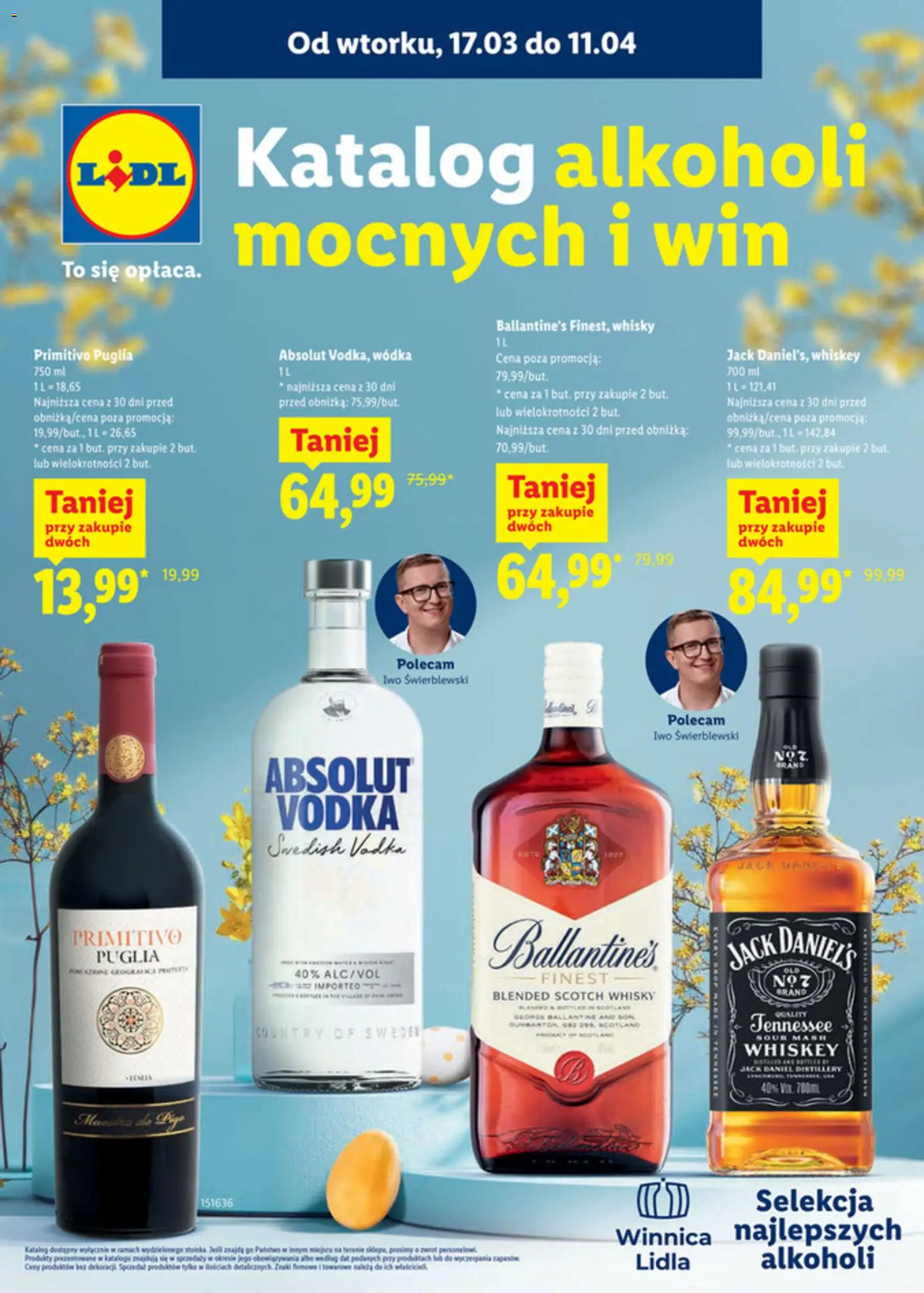 Lidl Katalog alkoholi mocnych i win od 17.03.2026 | Strona: 1 | Produkty: Wódka Absolut, Jack Daniel's, Vodka, Whisky