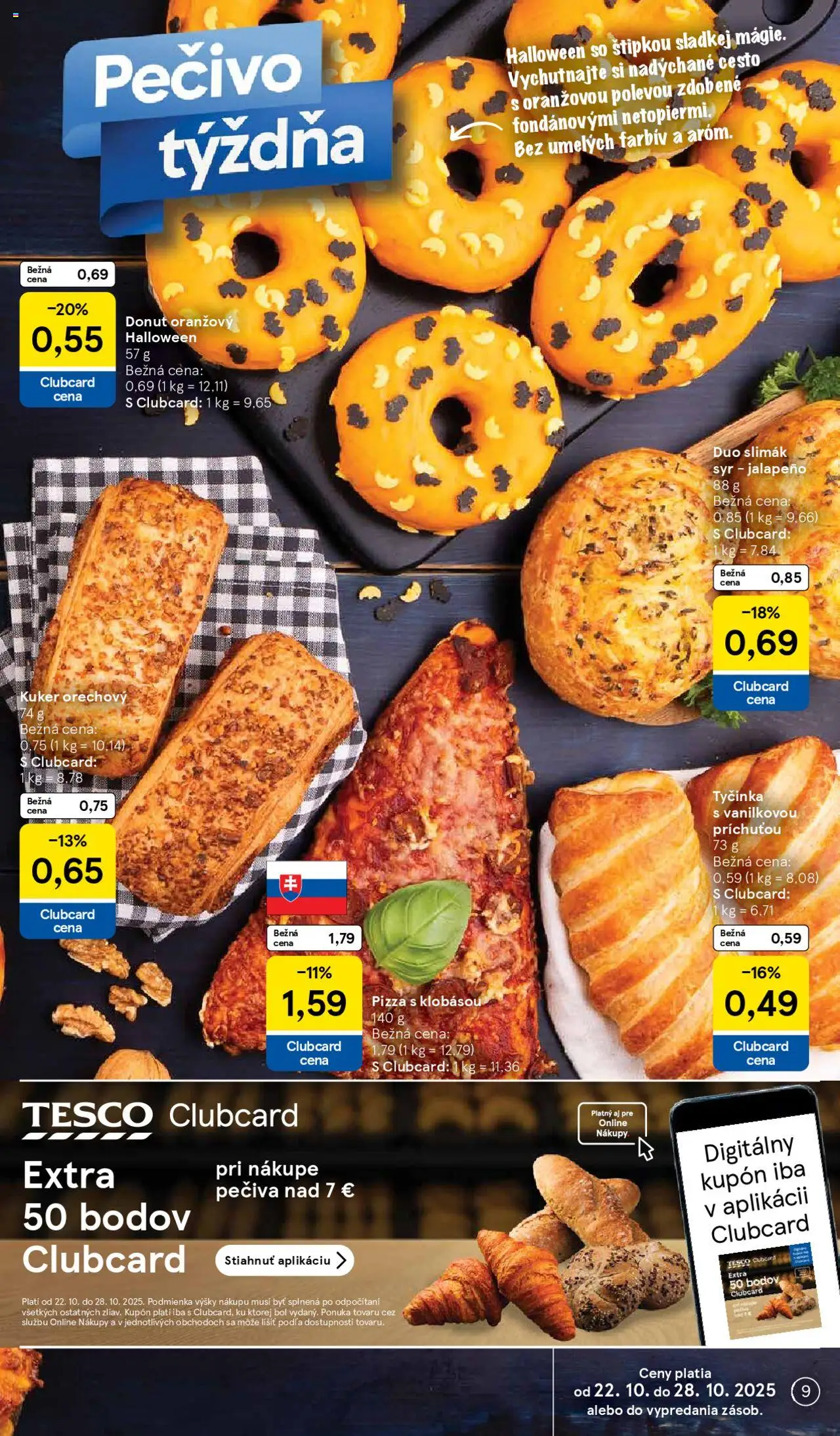 Nové Tesco akcie – leták je platný od 22.10.2025 | Strana: 9 | Produkty: Syr, Pizza, Donut
