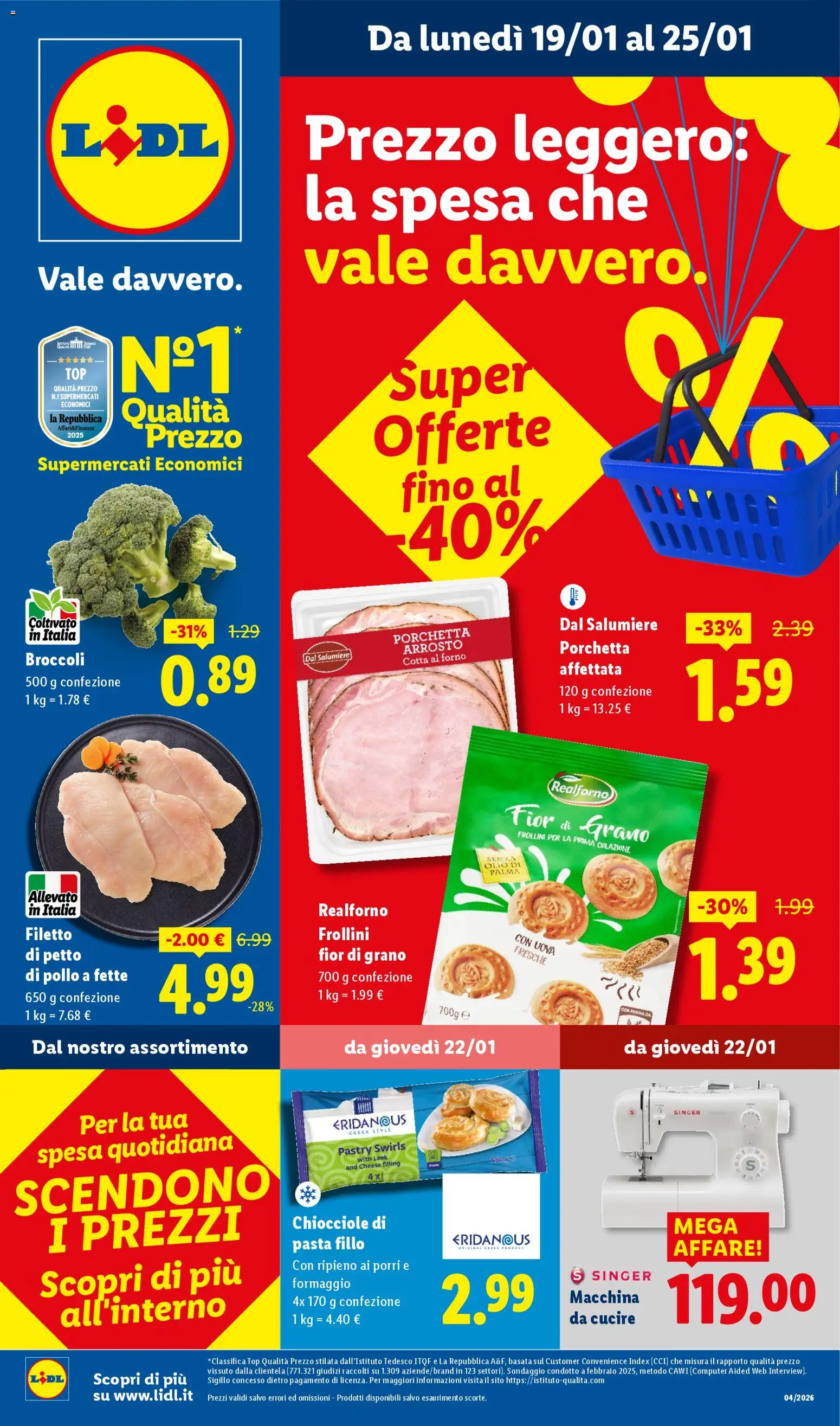 Volantino Lidl del 19.01.2026 | Pagina: 1 | Prodotti: Formaggio, Top, Pasta, Frollini