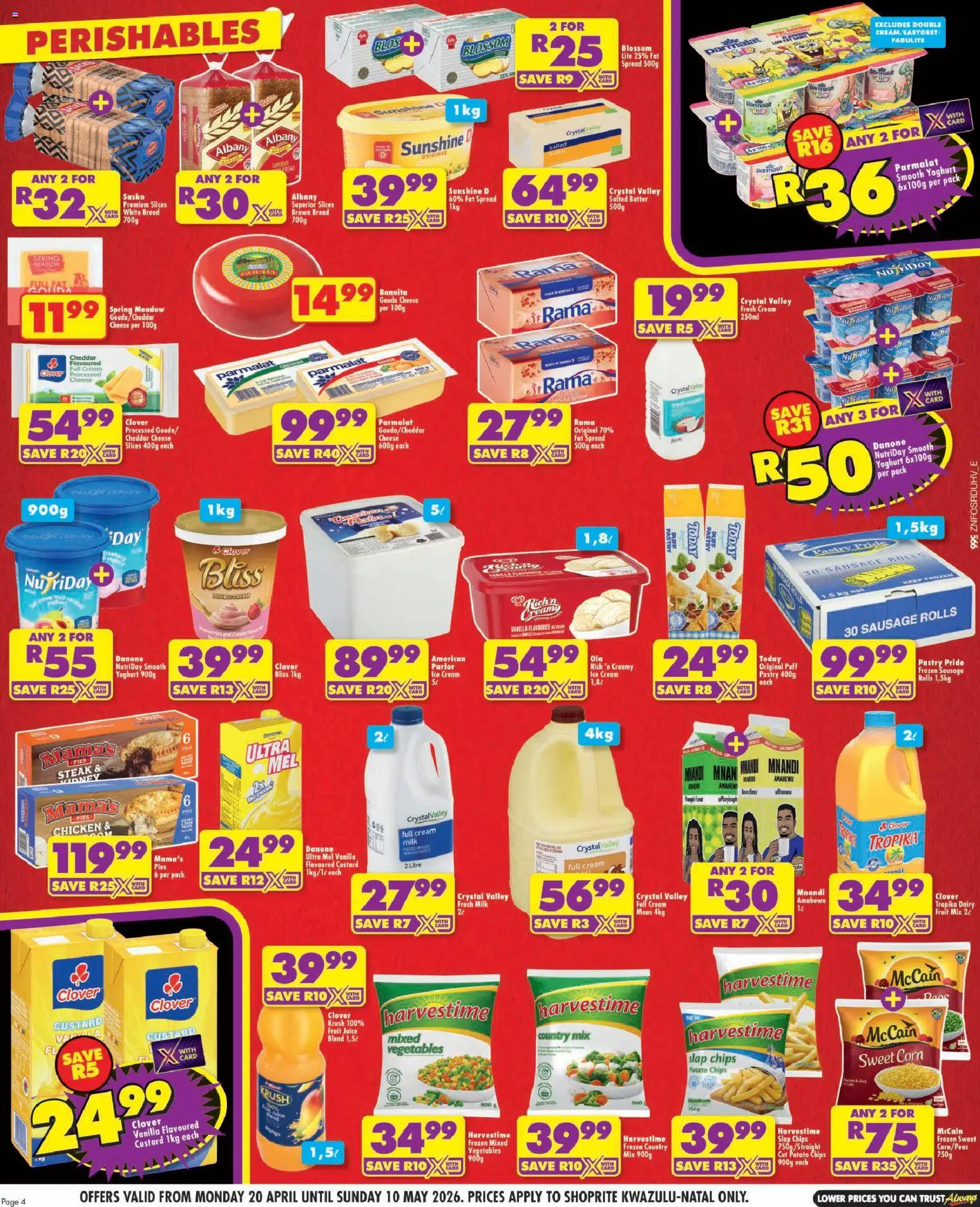 New Shoprite catalogue – valid from 20.04.2026 | Page: 4 | Products: Cheese, Ice cream, Fat spread, Sausage