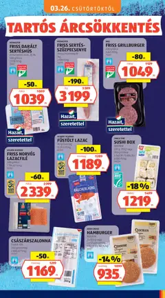 FRISS DARÁLT SERTÉSHÚS, zsírtartalom: max. 20%, 500 g/tálca - amely érvényes a következő dátumtól: 26.03.2026 | Oldal: 5 | Termékek: Hamburger, Lazacfilé, Darált sertéshús, Lazac