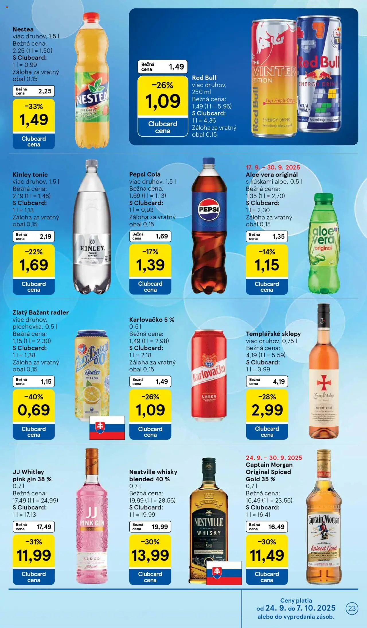 Nové Tesco akcie – leták je platný od 24.09.2025 | Strana: 23 | Produkty: Radler, Red Bull, Gin, Pepsi