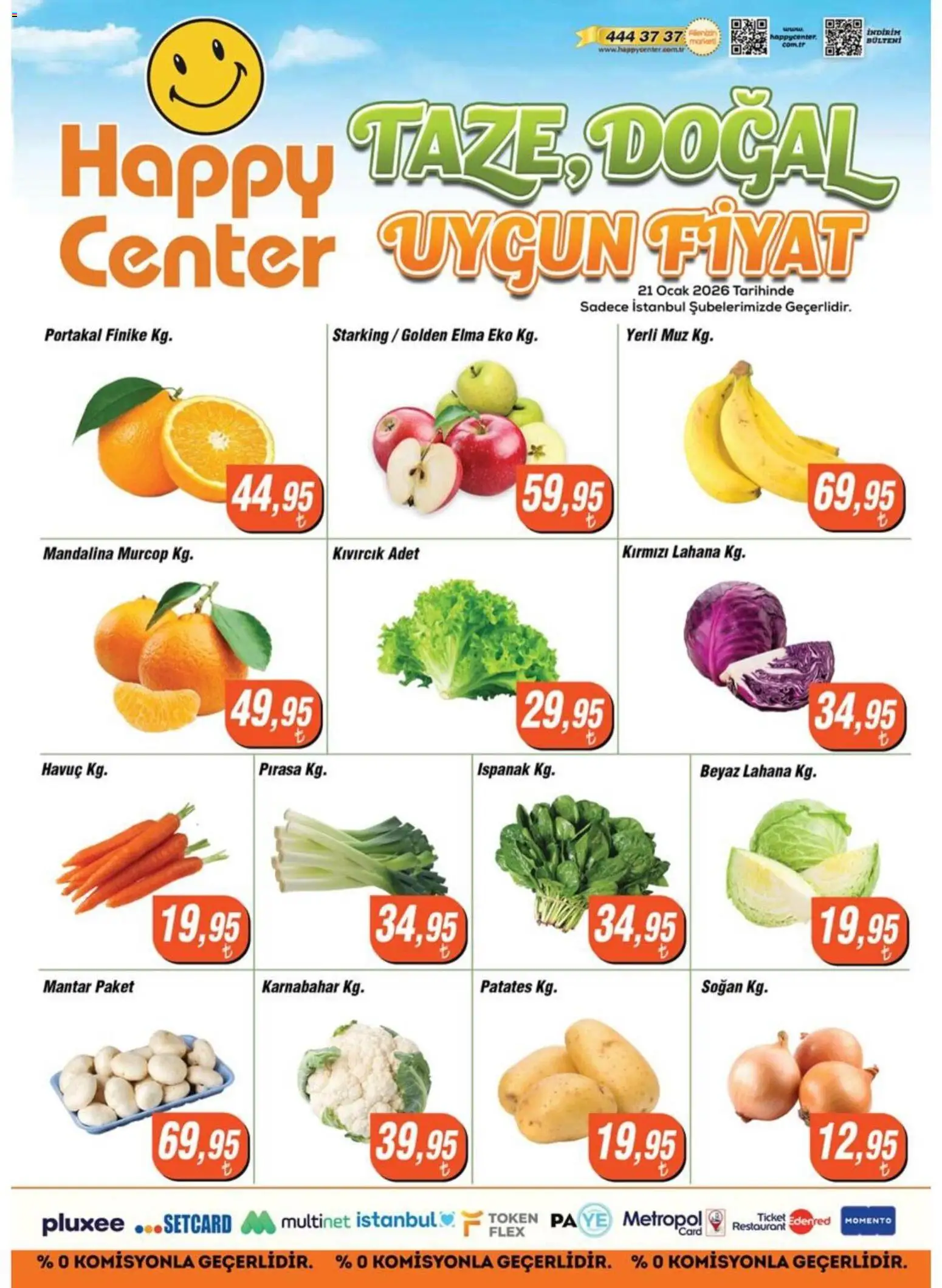 Happy Center Manav - 21.01.2026 tarihinden itibaren geçerlidir | Sayfa: 1 | Ürünler: Elma, Portakal, Soğan, Mantar