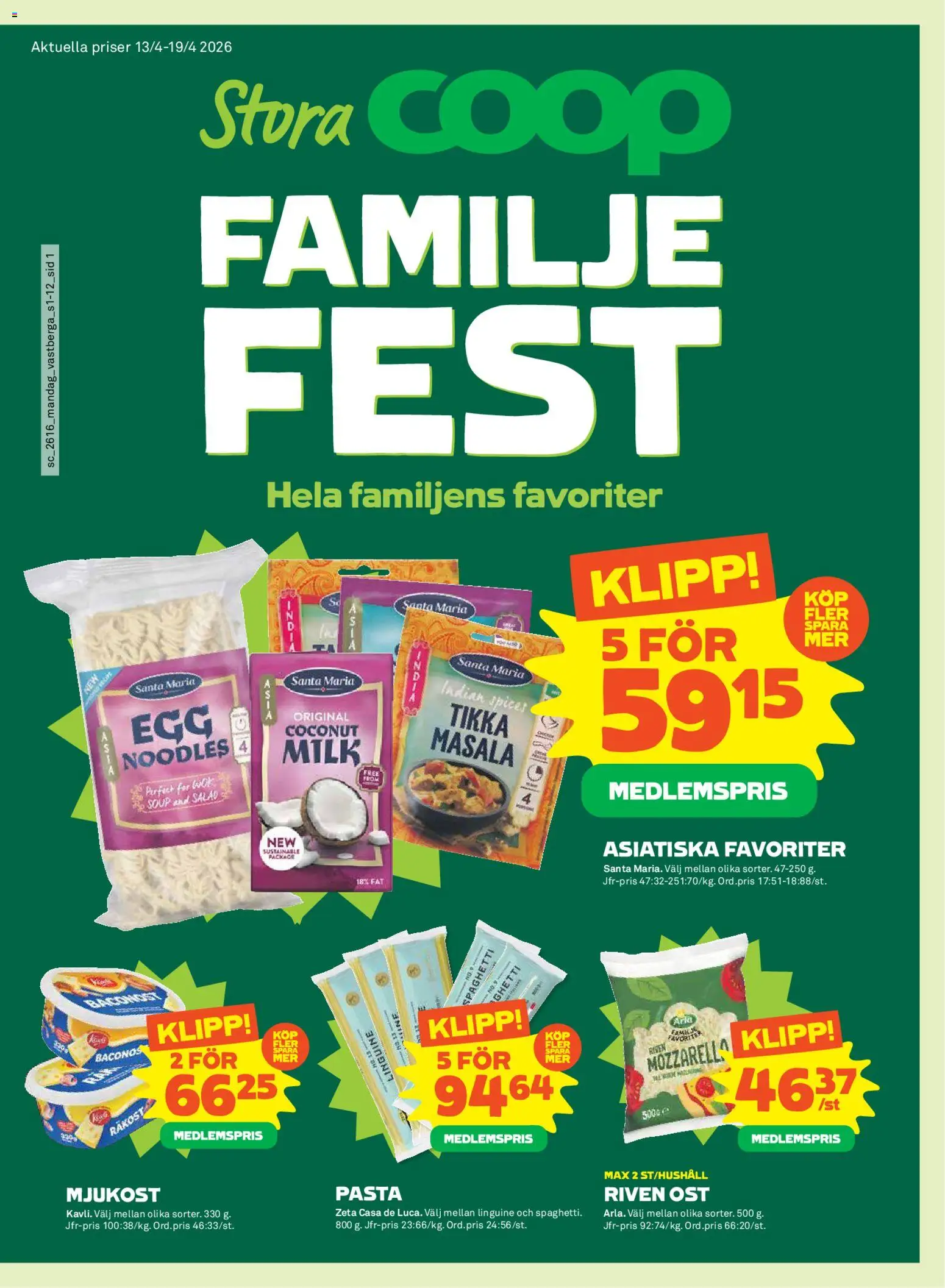 Coop Forum reklamblad aktuell från 13.04.2026 | Sida: 1 | Produkter: Ost, Spaghetti, Mjukost, Pasta