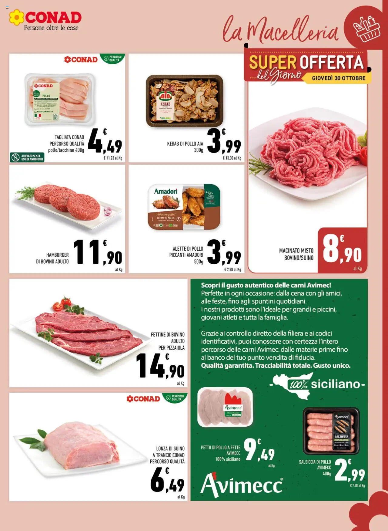 Volantino Conad del 22.10.2025 | Pagina: 5 | Prodotti: Petto di Pollo, Salsiccia, Hamburger, Macinato