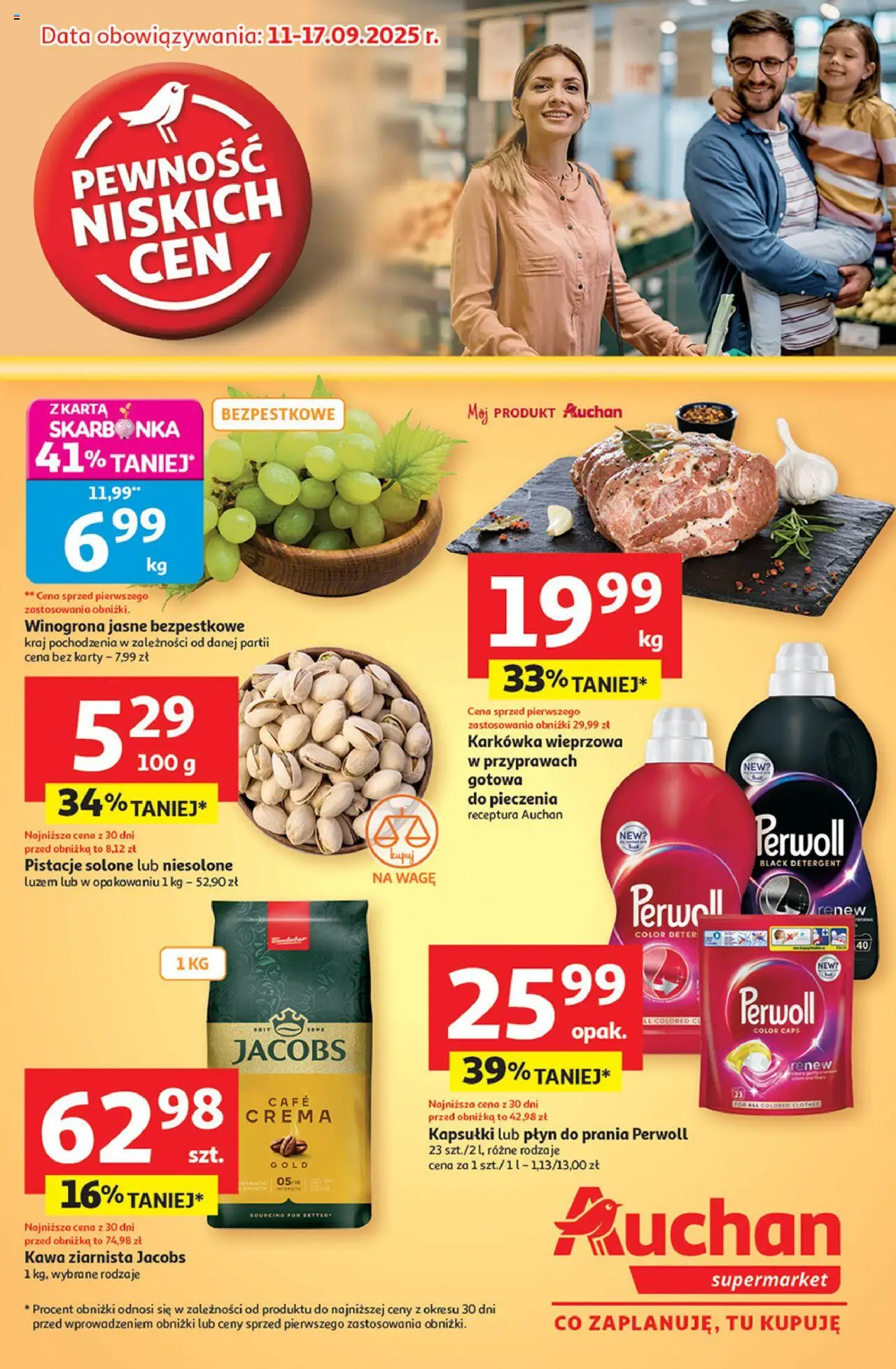 Auchan Gazetka od 11.09.2025 | Strona: 1 | Produkty: Winogrona, Karkówka, Kawa, Detergent