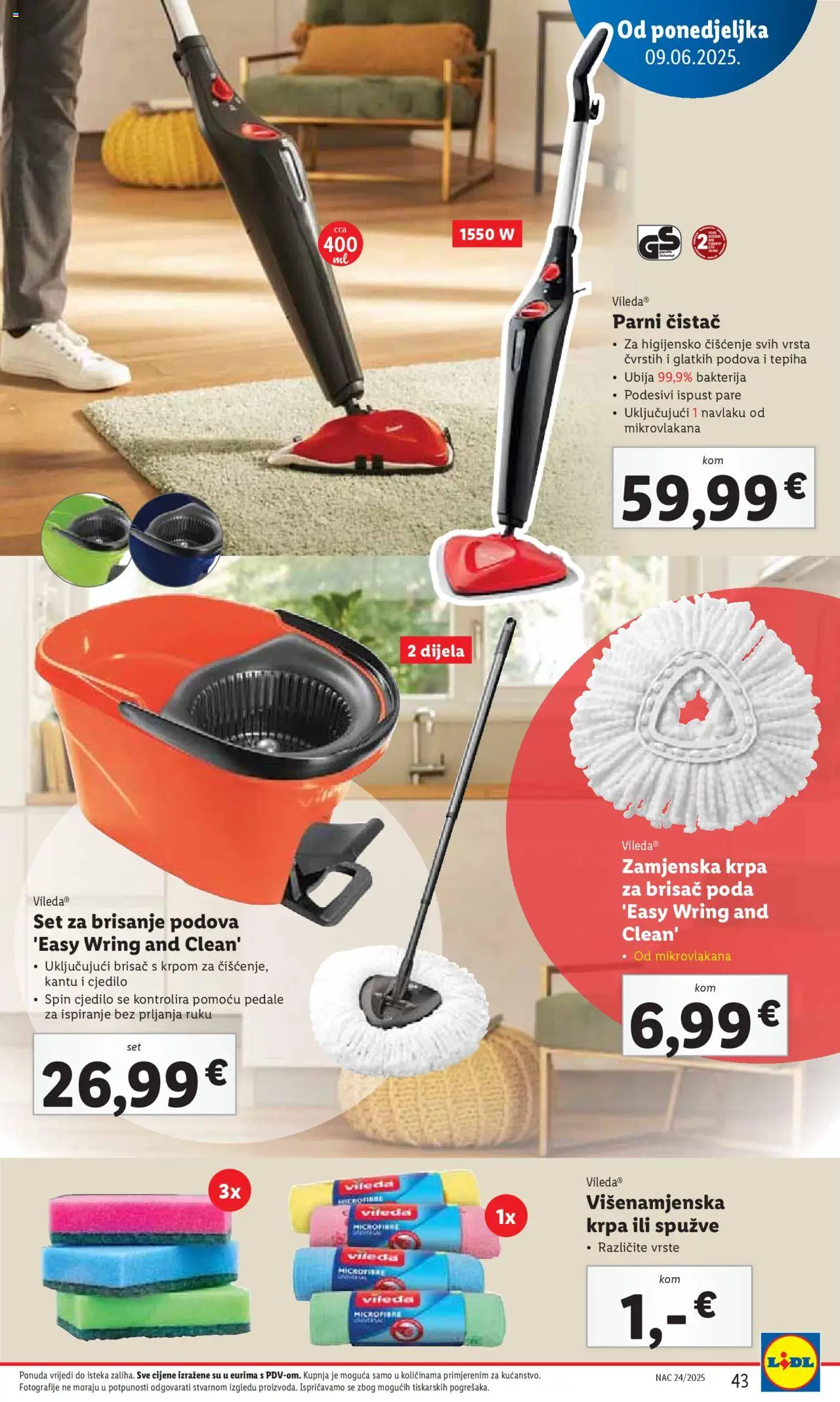 Lidl katalog | vrijedi od 09.06.2025 | Stranica: 43 | Proizvodi: Mop, Cjedilo, Parni čistač, Vileda