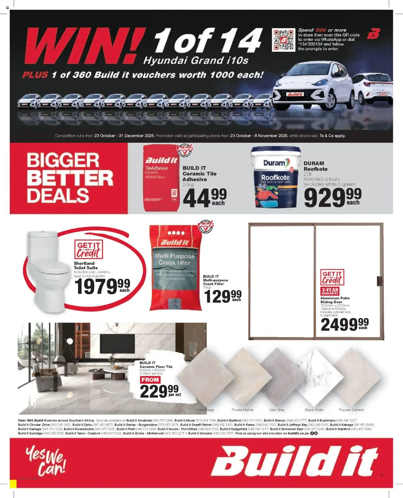 New Build It catalogue – valid from 23.10.2025 | Page: 1 | Products: Lock, Toilet, Crack filler, Cement