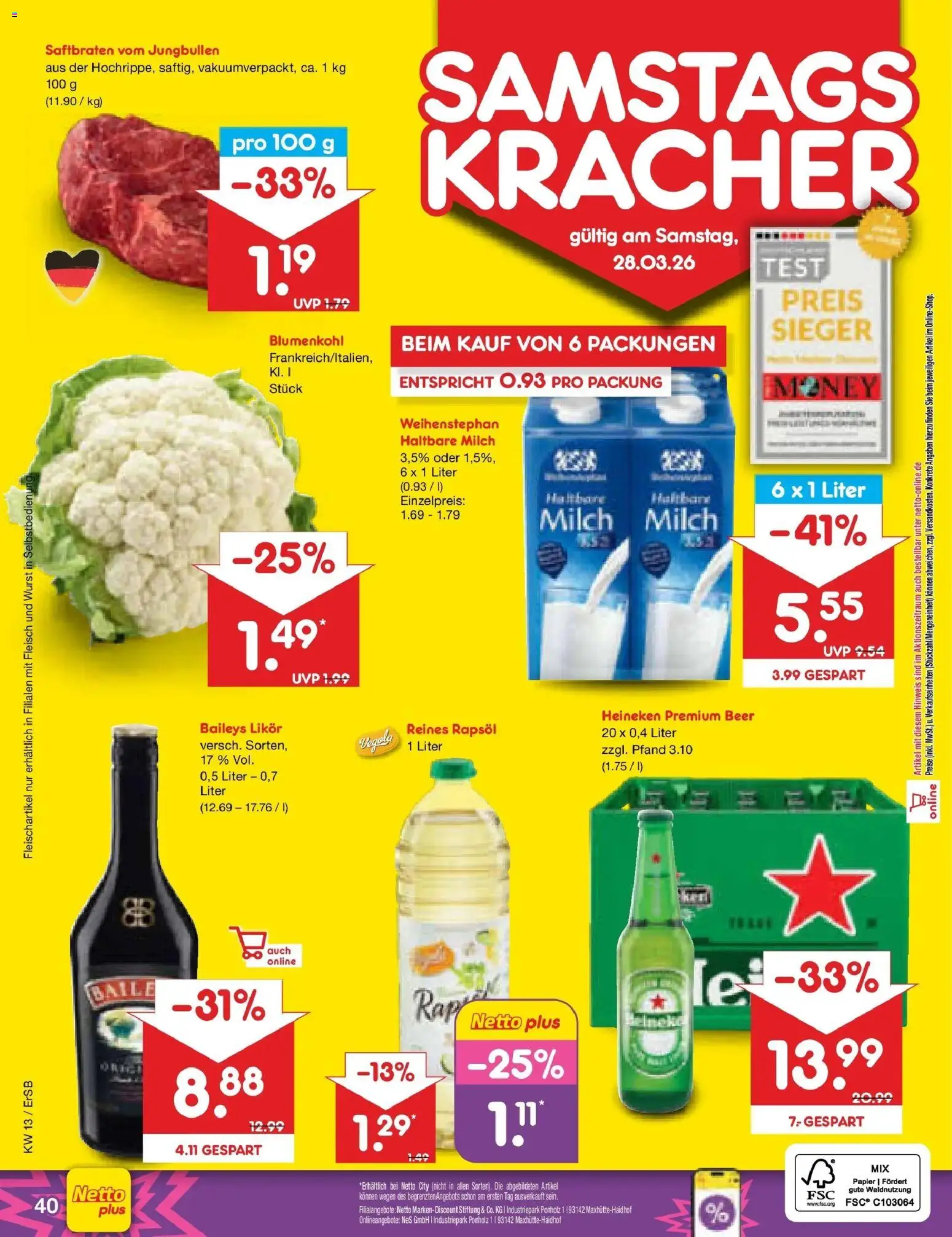 Netto Marken-Discount Prospekt Nordhausen	 – gültig ab 23.03.2026 | Seite: 56 | Produkte: Milch, Rapsöl, Haltbare milch, Blumenkohl
