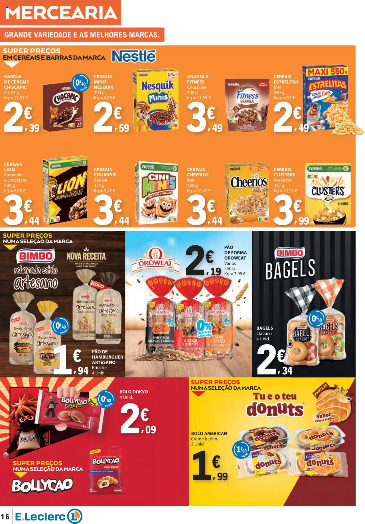 E.Leclerc folheto │ válido de 18.09.2025 | Página: 16 | Produtos: Bolo, Hambúrguer, Pão, Cereais
