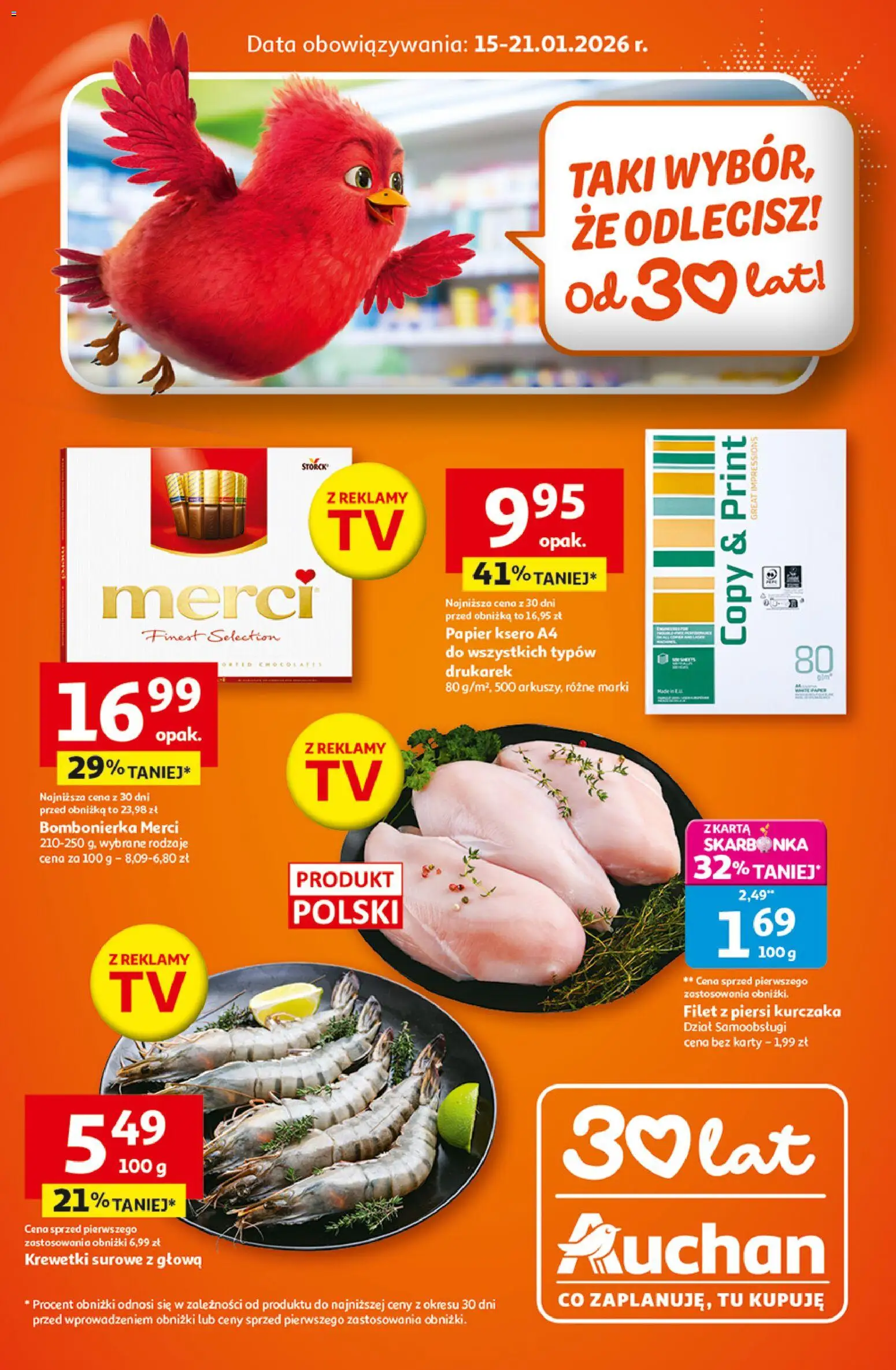 Auchan Gazetka od 15.01.2026 | Strona: 1 | Produkty: Krewetki, Merci, Filet z piersi kurczaka, Papier ksero