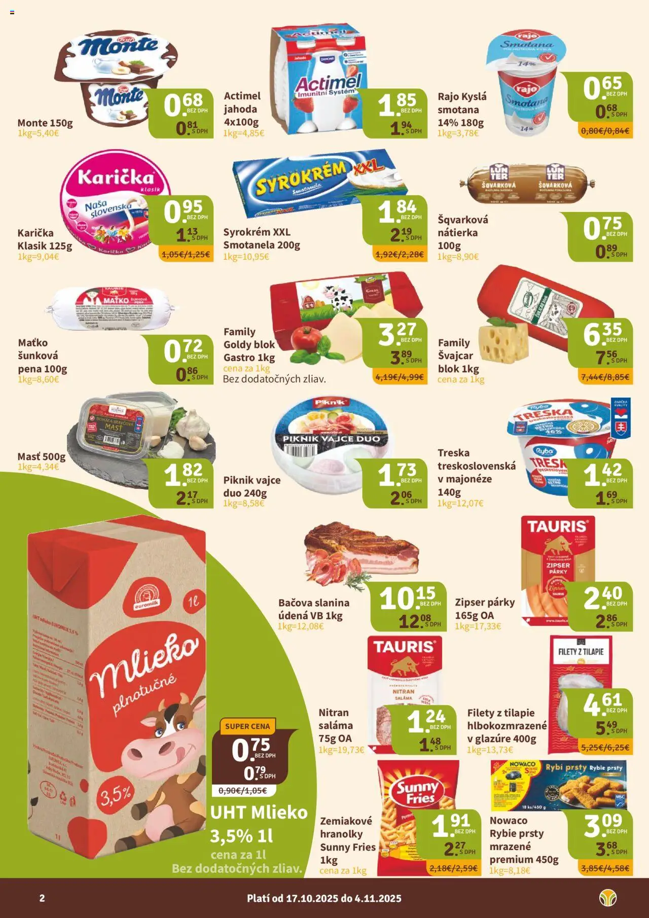 Nové Nitrazdroj akcie – leták je platný od 17.10.2025 | Strana: 2 | Produkty: Mlieko, Slanina, Smotana, Actimel