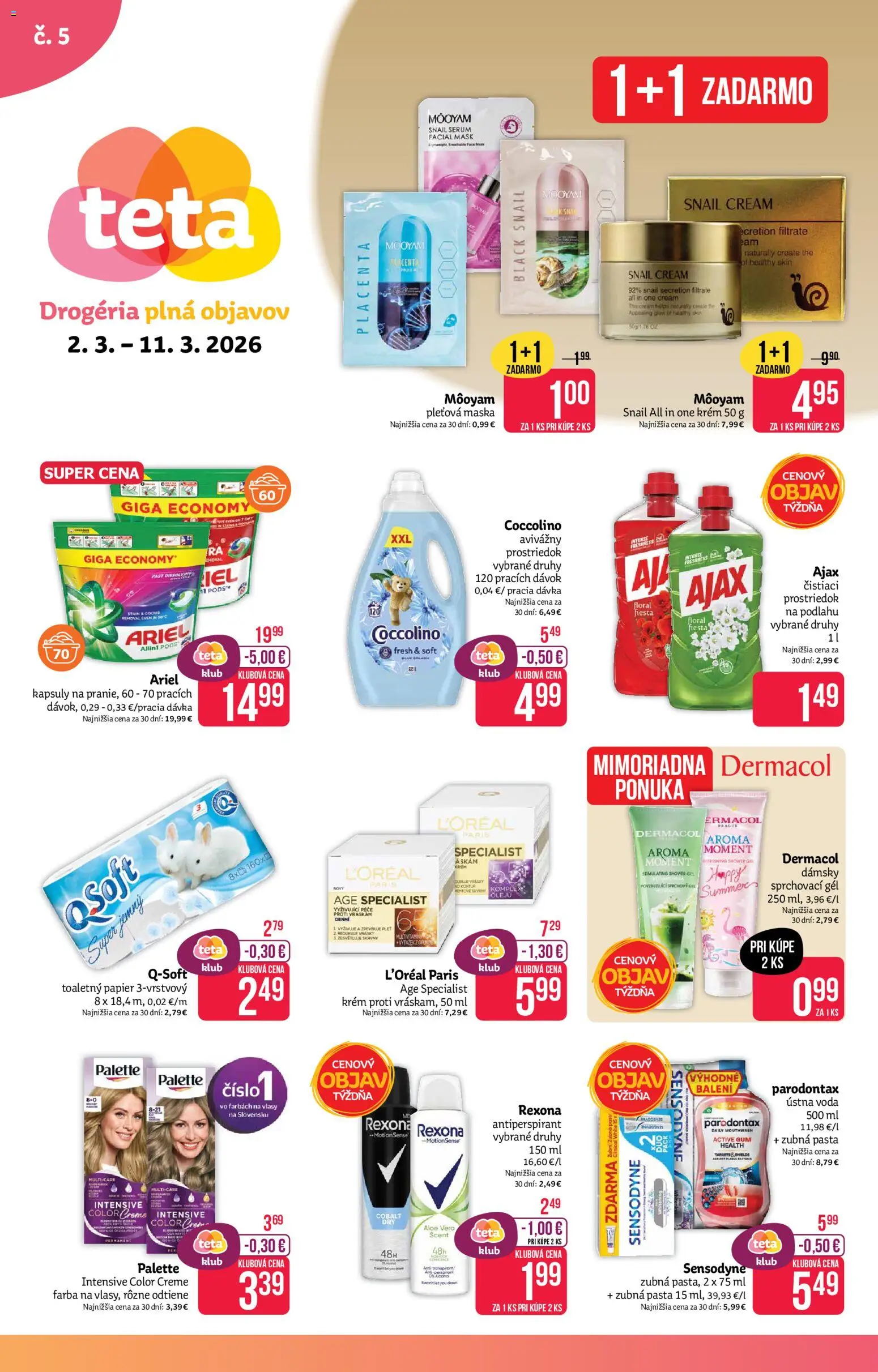 Nové Teta drogerie akcie – leták je platný od 02.03.2026 | Strana: 1 | Produkty: Antiperspirant, Zubná pasta, Krém, Ariel