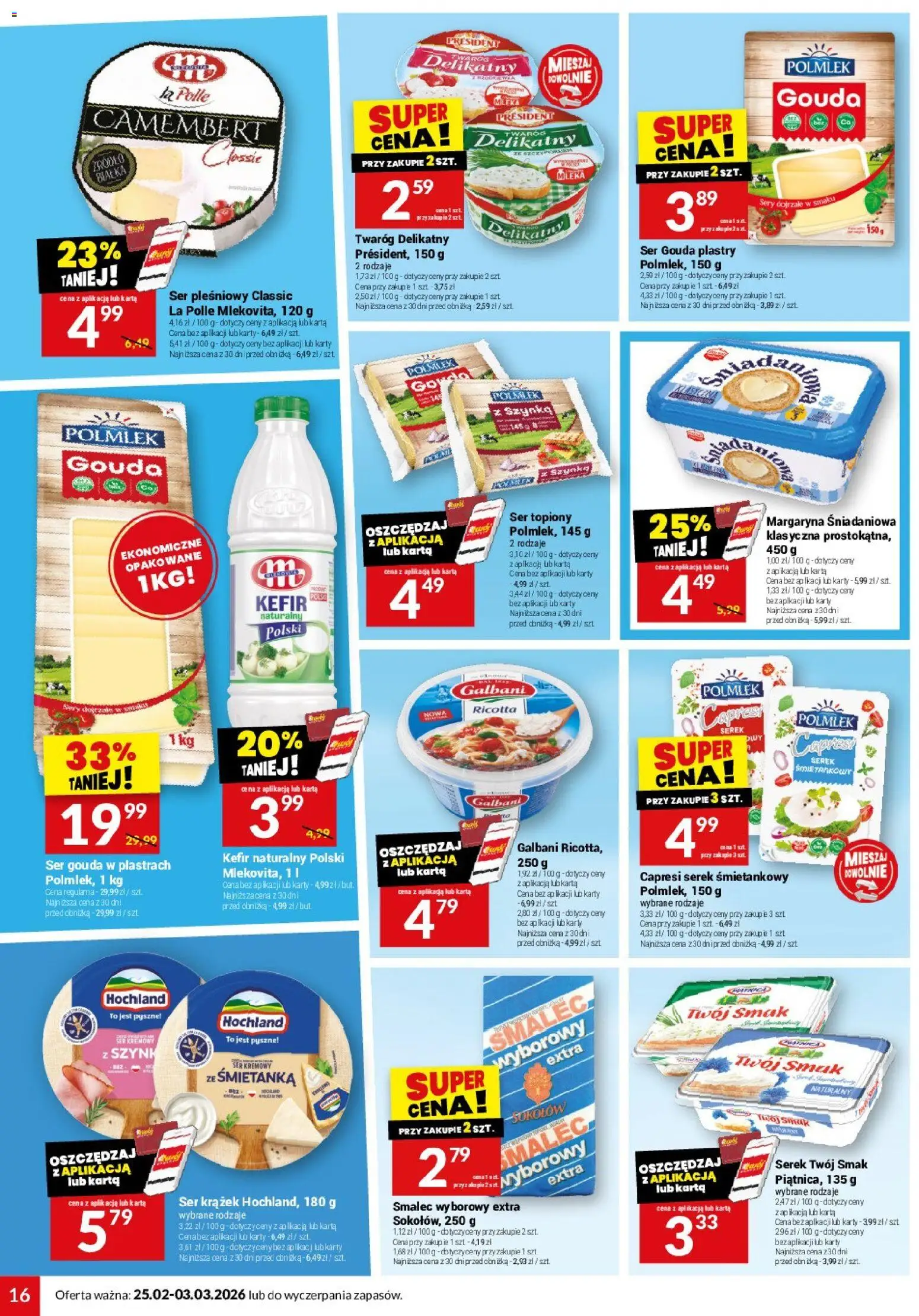 Twój Market Gazetka od 25.02.2026 | Strona: 16 | Produkty: Serek Twój Smak, Karta, Kefir naturalny, Camembert