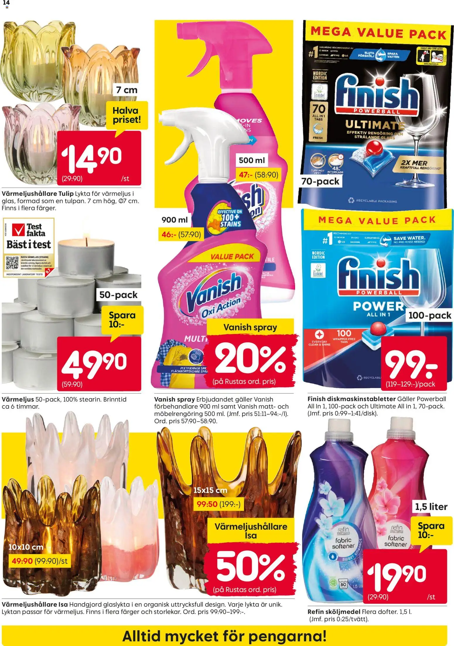 Rusta reklamblad aktuell från 23.02.2026 | Sida: 14 | Produkter: Sköljmedel, Diskmaskinstabletter, Galler, Värmeljus