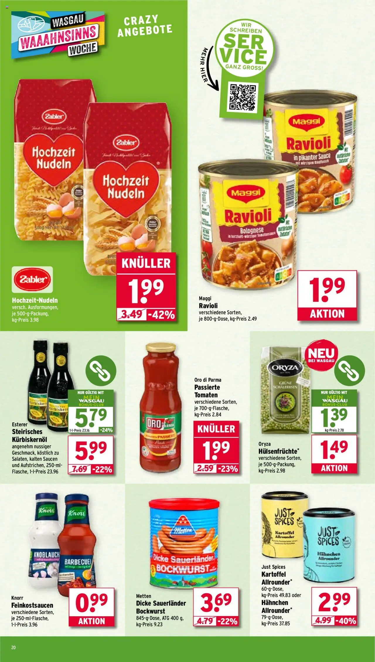 Wasgau Prospekt 	 – gültig ab 22.09.2025 | Seite: 20 | Produkte: Kürbiskernöl, Tomaten, Oro di parma, Nudeln