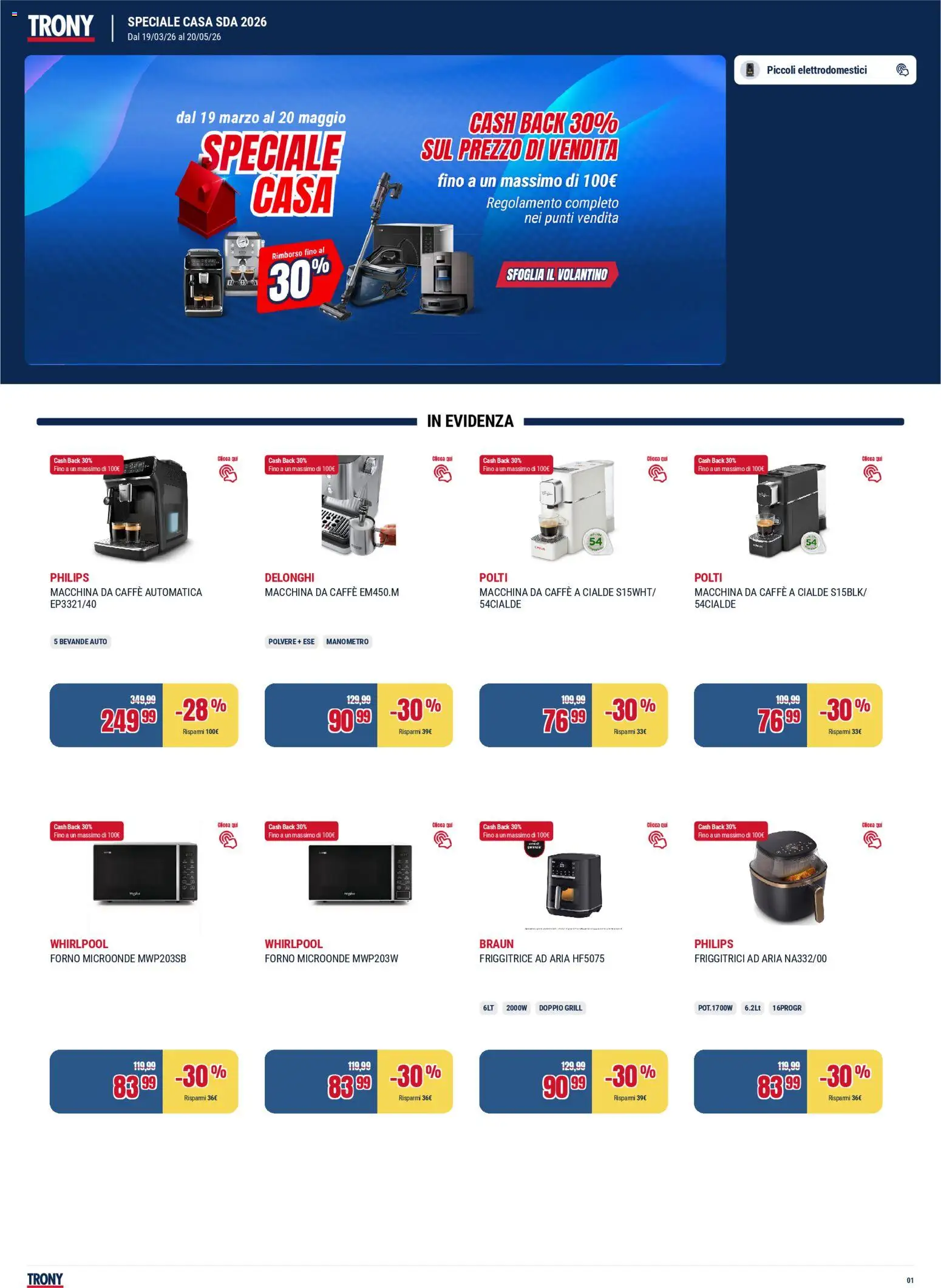 Volantino Trony del 19.03.2026 | Pagina: 1 | Prodotti: Microonde, Friggitrice ad aria, Caffè, Friggitrice