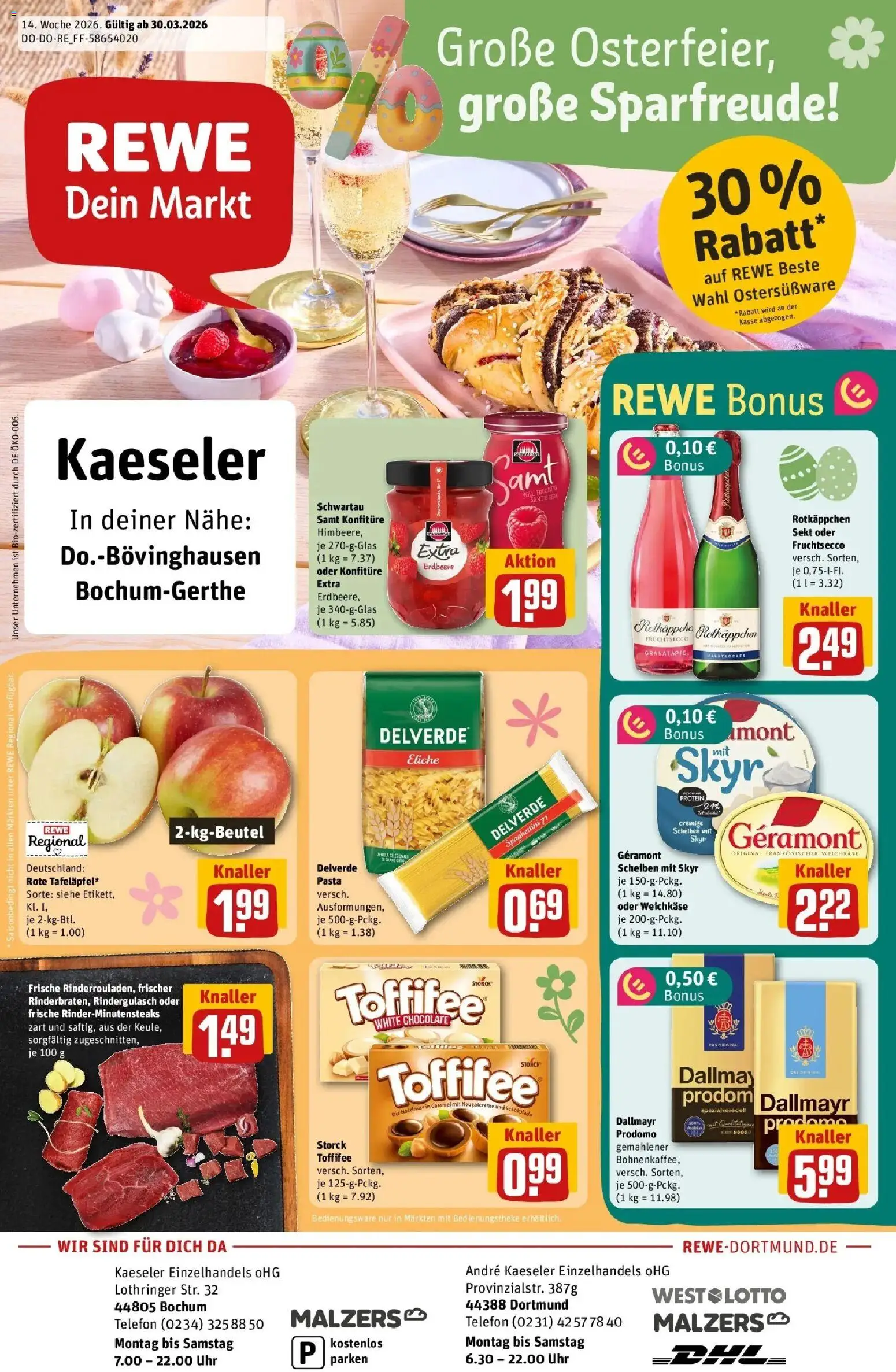 Rewe Prospekt Bochum	 – gültig ab 30.03.2026 | Seite: 1 | Produkte: Schwartau samt, Toffifee, Pasta, Uhr