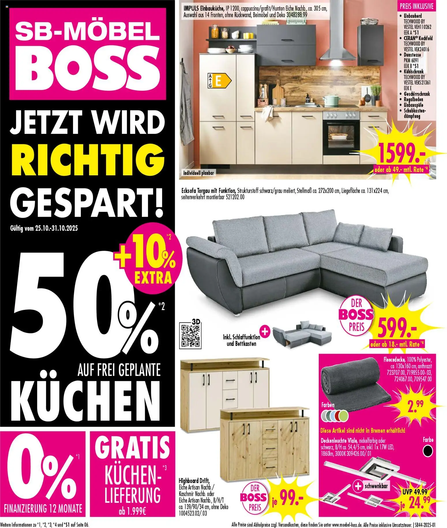 SB Möbel Boss Prospekt 	 – gültig ab 25.10.2025 | Seite: 1 | Produkte: Ecksofa, Kühlschrank, Kochfeld, Kuchen