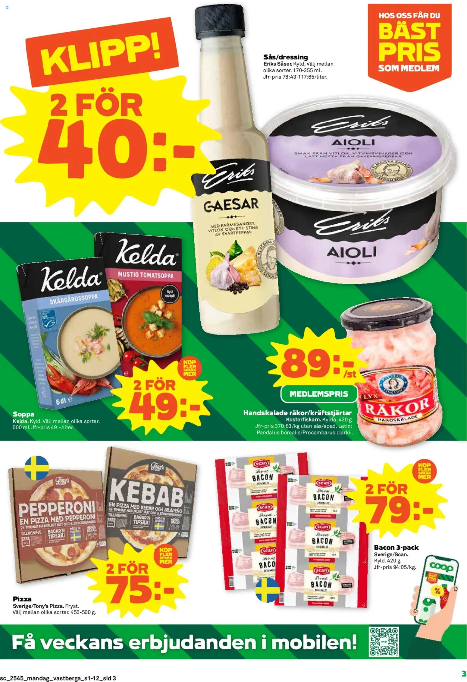 Coop Forum reklamblad aktuell från 03.11.2025 | Sida: 3 | Produkter: Bacon, Pizza, Vitlök, Soppa