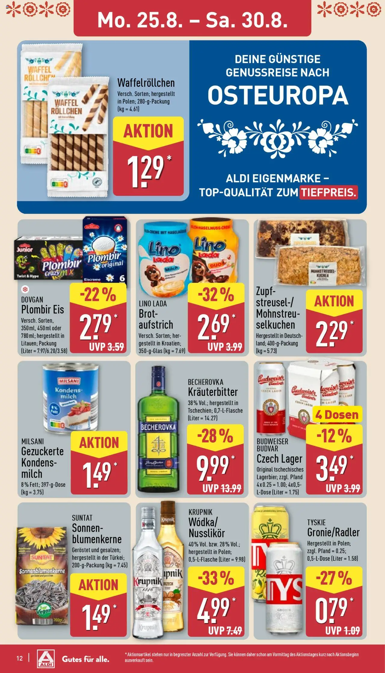 Aldi Prospekt 	 - gültig ab dem 25.08.2025 | Seite: 12 | Produkte: Tyskie, Brot, Budweiser, Kuchen