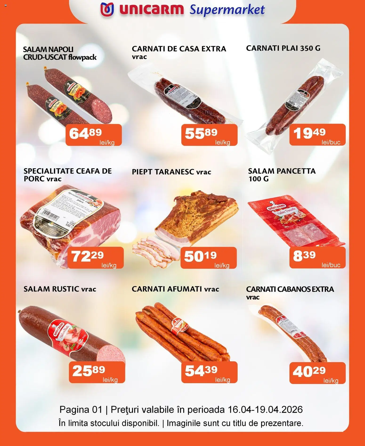 Noul catalog Unicarm – valabil de la 16.04.2026 | Pagină: 1 | Produse: Salam, Cârnați