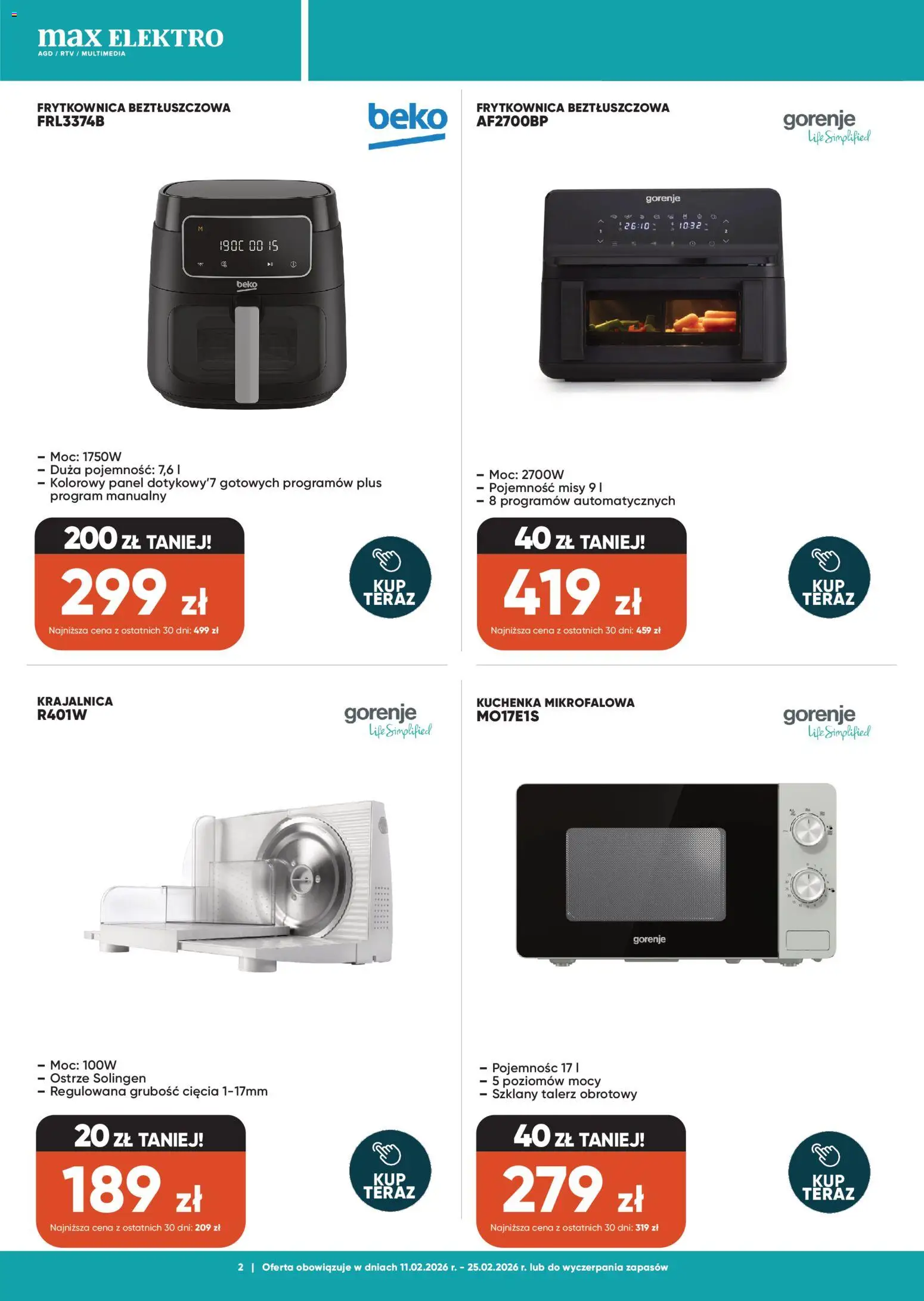 Max elektro Gazetka od 11.02.2026 | Strona: 2 | Produkty: Kuchenka mikrofalowa, Krajalnica, Frytkownica, Frytkownica beztłuszczowa