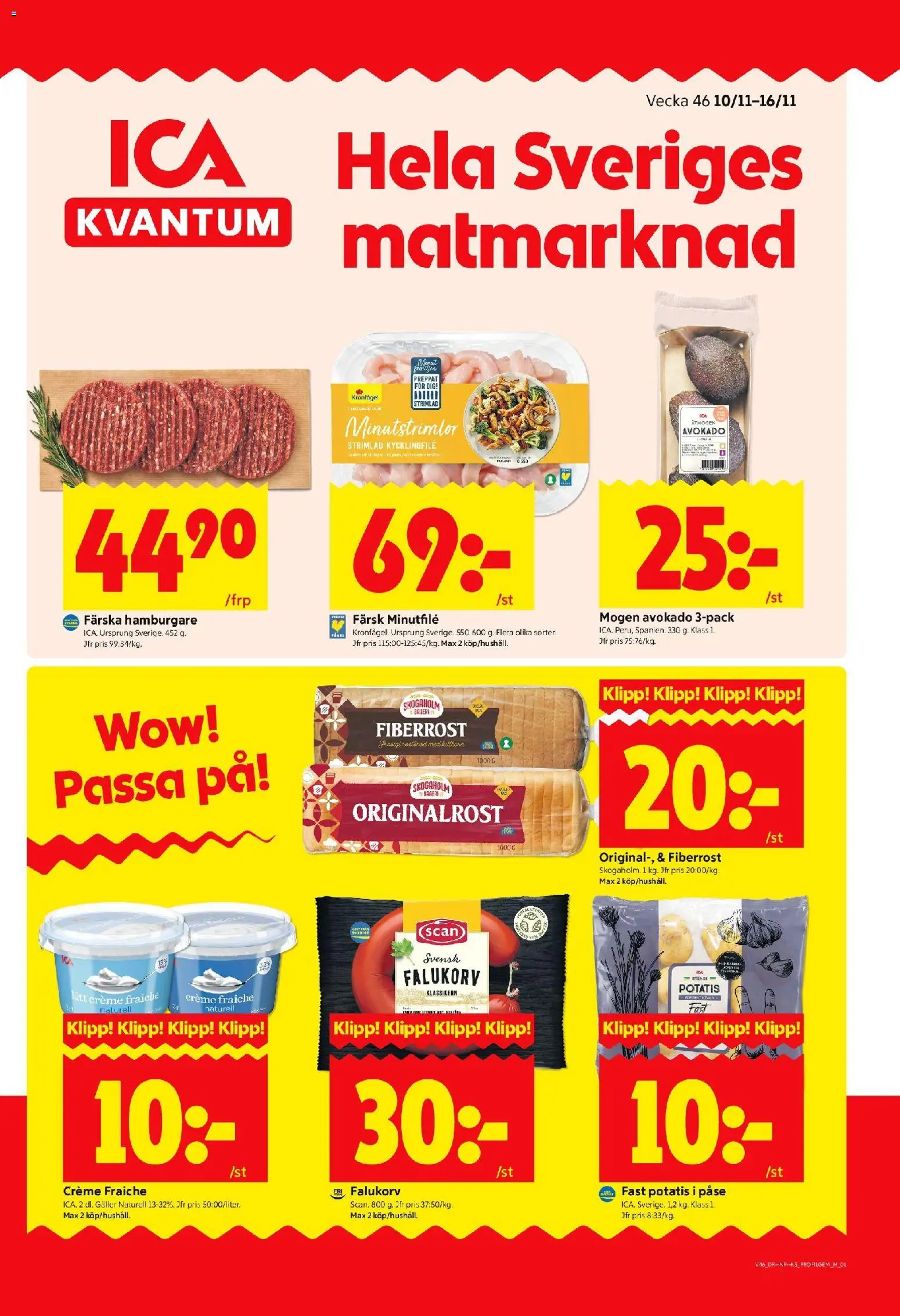 ICA Kvantum reklamblad aktuell från 10.11.2025 | Sida: 1 | Produkter: Hamburgare, Kycklingfile, Falukorv, Creme fraiche