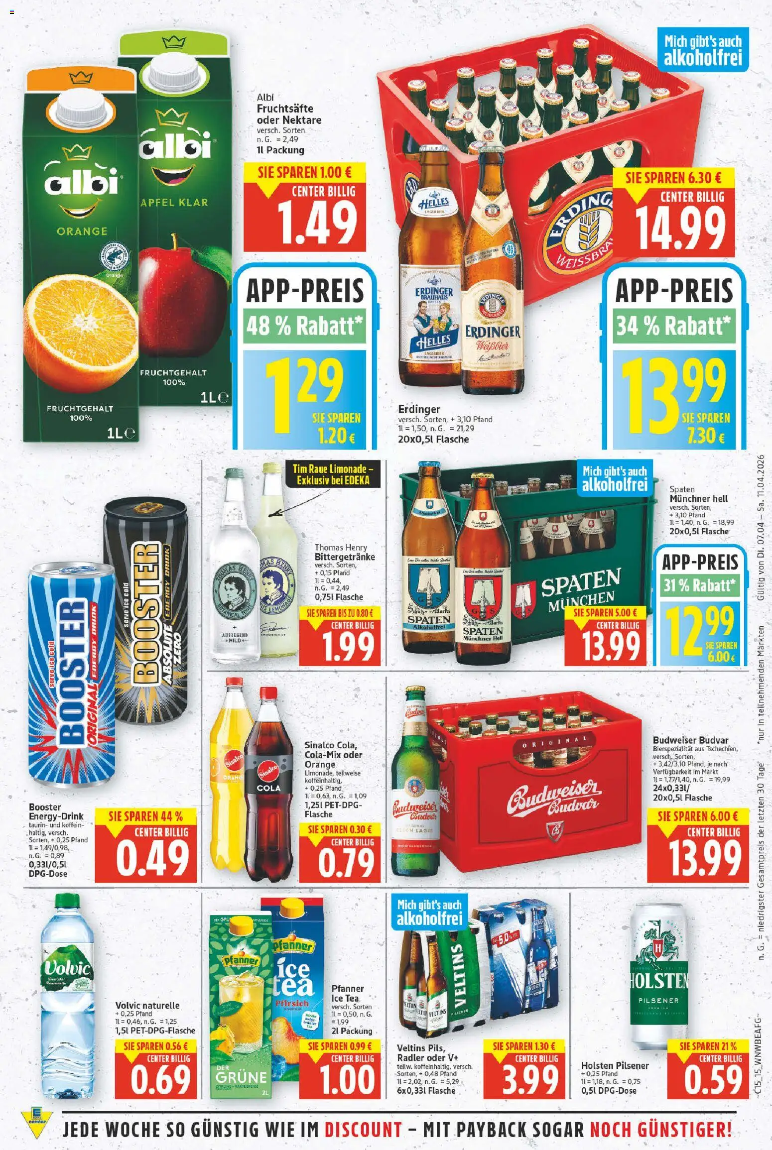 E center Prospekt 	 – gültig ab 07.04.2026 | Seite: 19 | Produkte: Erdinger, Energy, Pfirsich, Budweiser