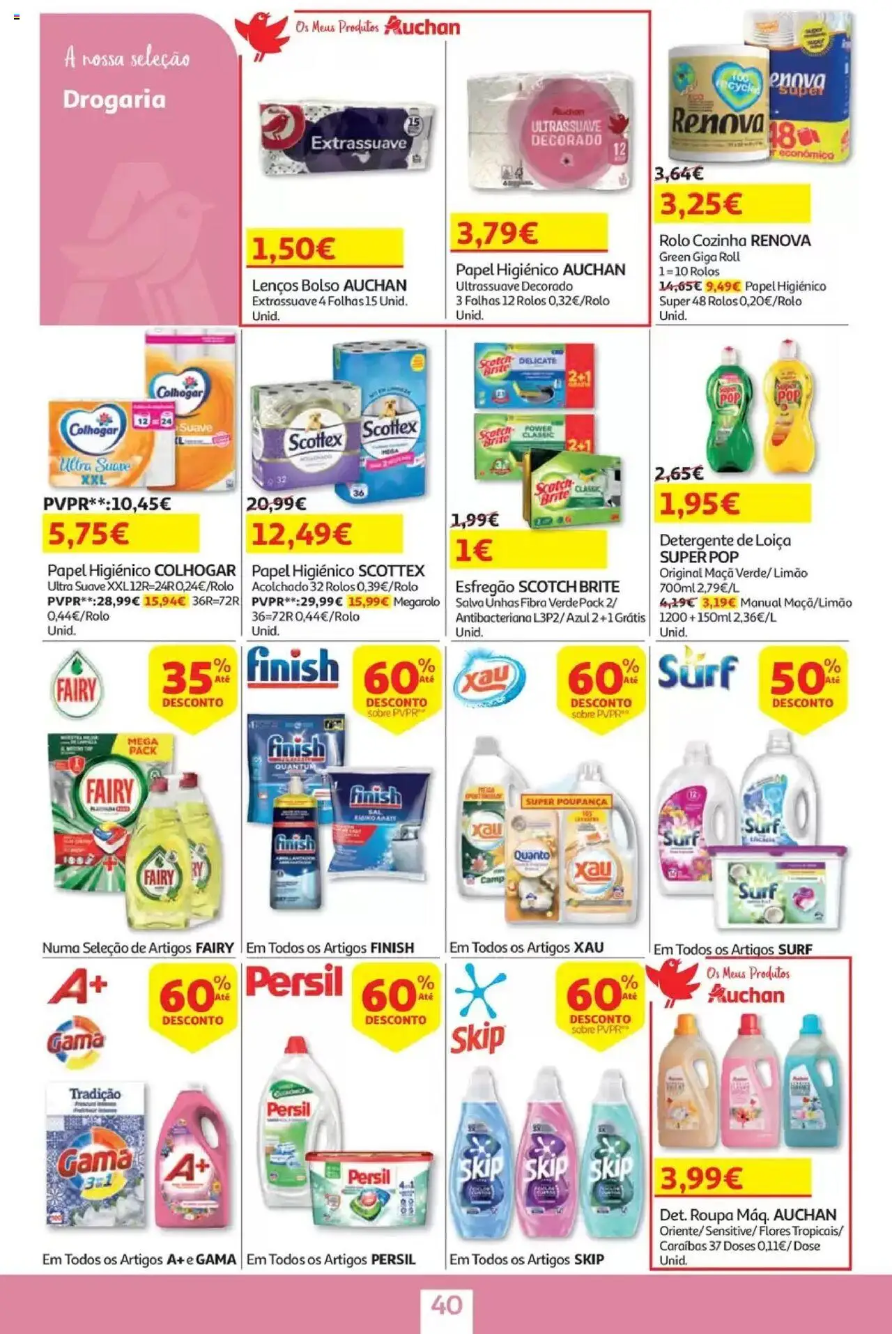 Auchan - Folheto Viagem e Praia │ válido de 02.06.2025 | Página: 40 | Produtos: Esfregão, Papel higiénico, Flores, Persil