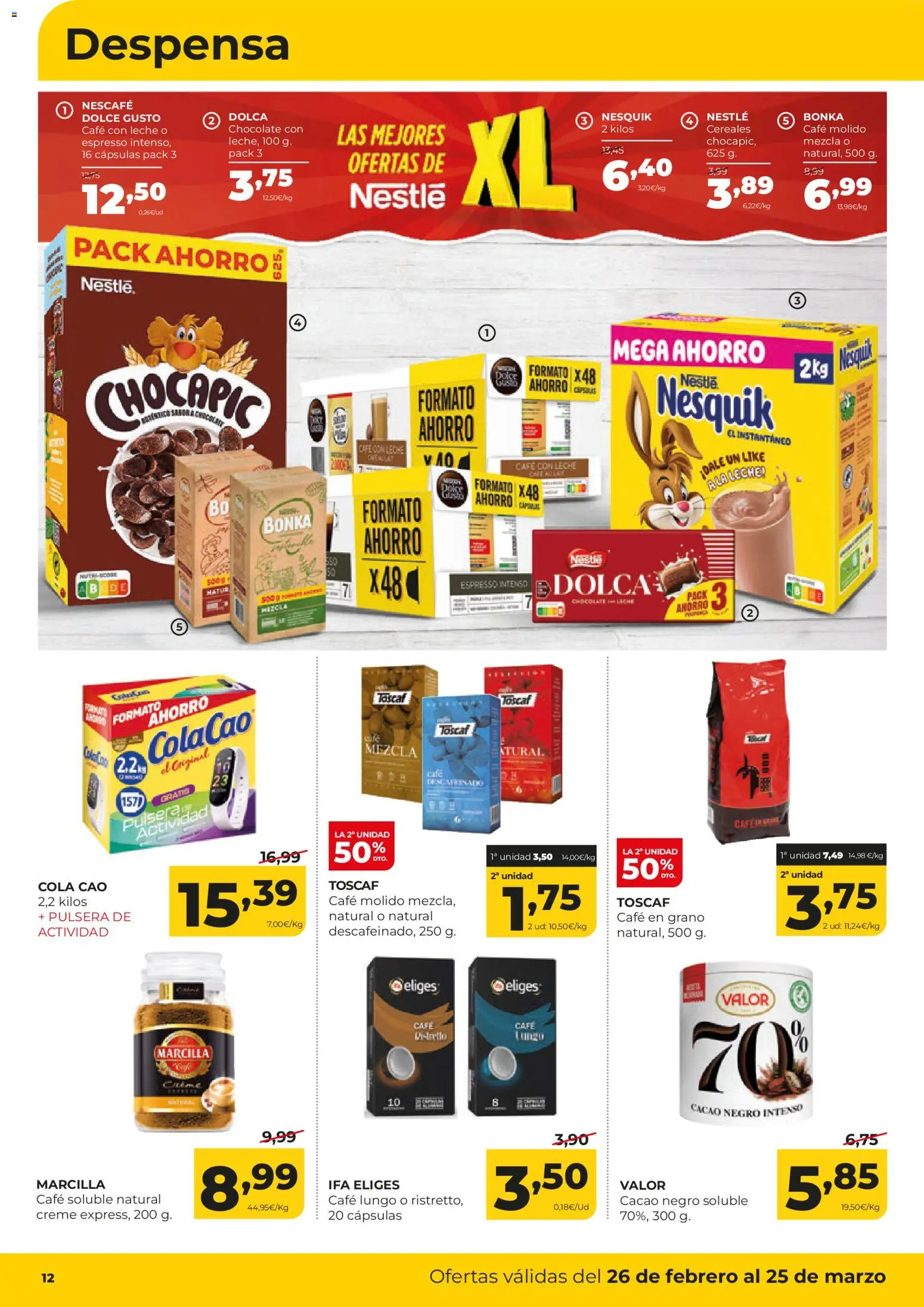Alimerka folleto Castilla y León │ válido desde el 26.02.2026 | Página: 12 | Productos: Chocolate, Cereales, Μηχανή καφέ, Café en grano