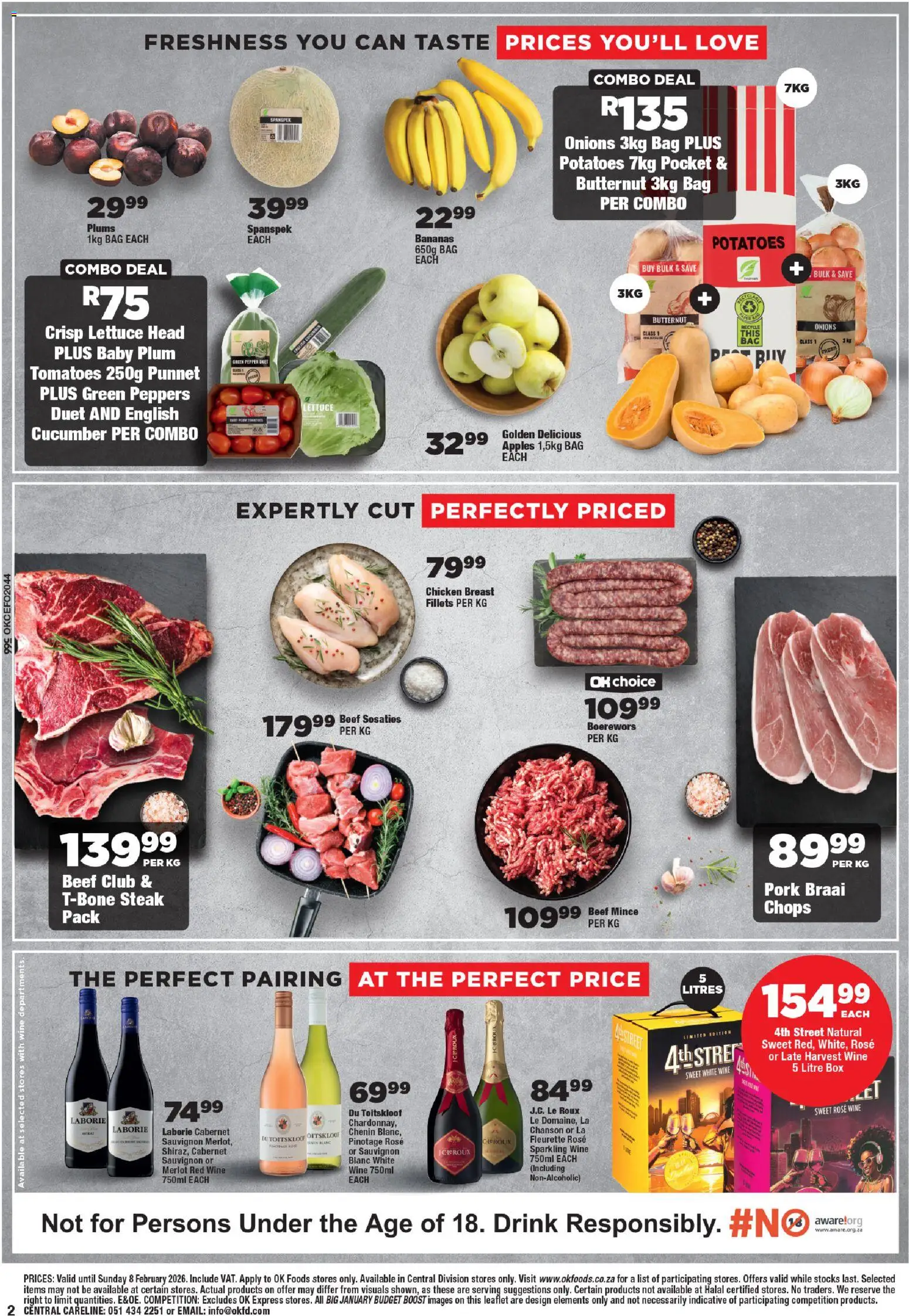 New OK Foods catalogue – valid from 21.01.2026 | Page: 2 | Products: Wine, Tomatoes, Beef, Lettuce