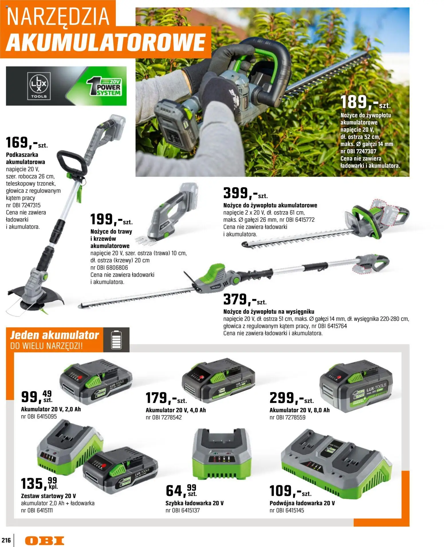 OBI gazetka - Ogród od 11.03.2026 | Strona: 216 | Produkty: Trawy, Ładowarka, Nożyce do trawy, Nożyce do żywopłotu