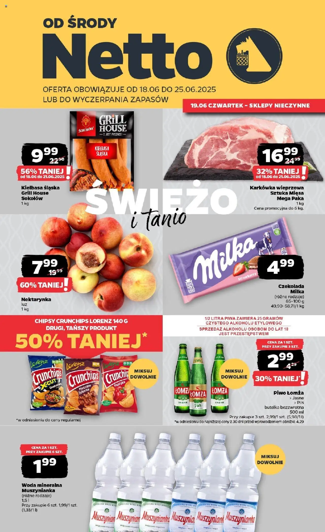 Netto gazetka - Spożywcza od 18.06.2025 | Strona: 1 | Produkty: Kiełbasa, Karkówka, Grill, Piwo