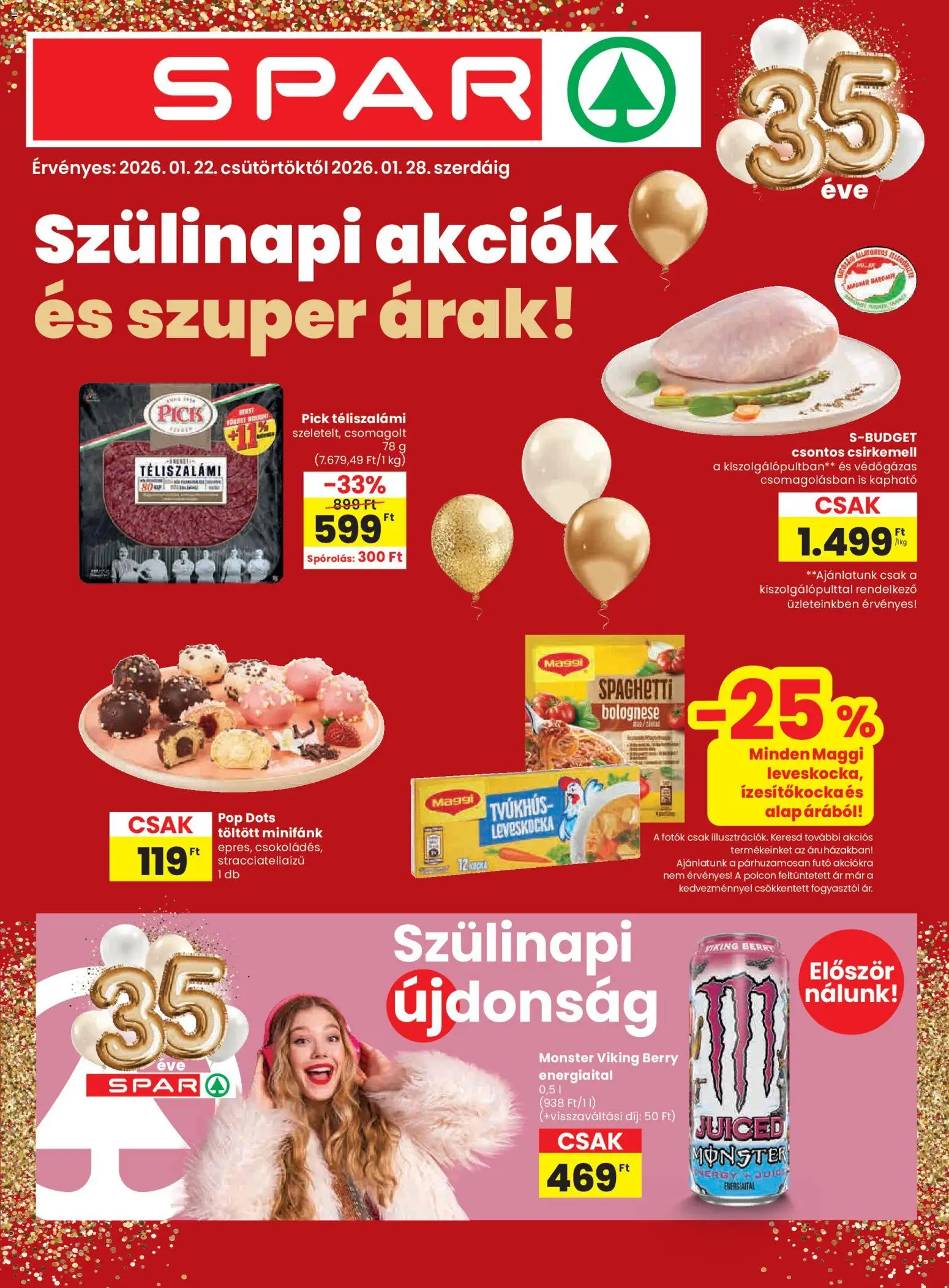 Spar akciós ujság - amely érvényes a következő dátumtól: 22.01.2026 | Oldal: 1 | Termékek: Energiaital, Pick, Maggi, Téliszalámi